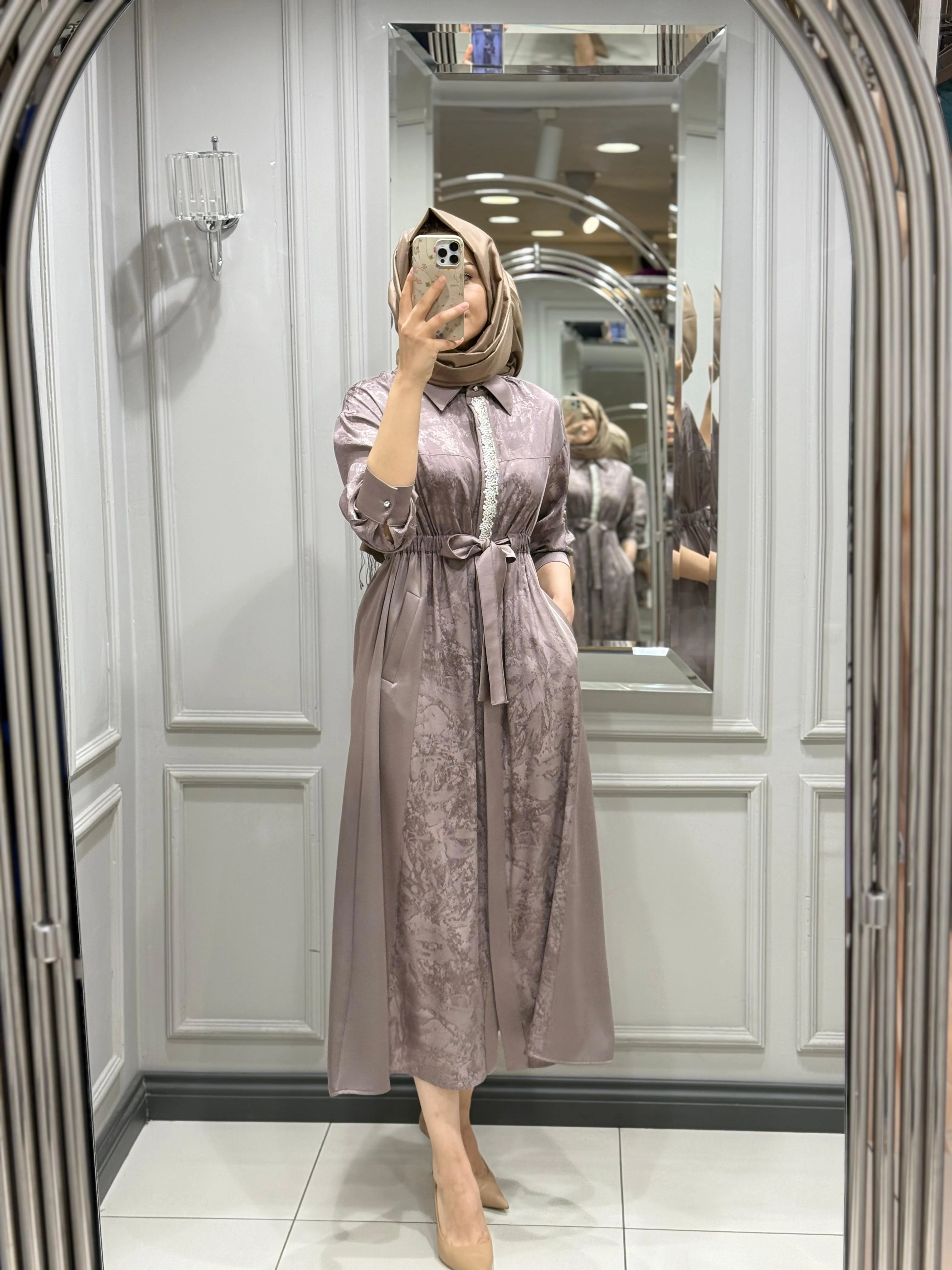 MY312 ÖNÜ TAŞLI JAKAR ELBİSE - TOPRAK