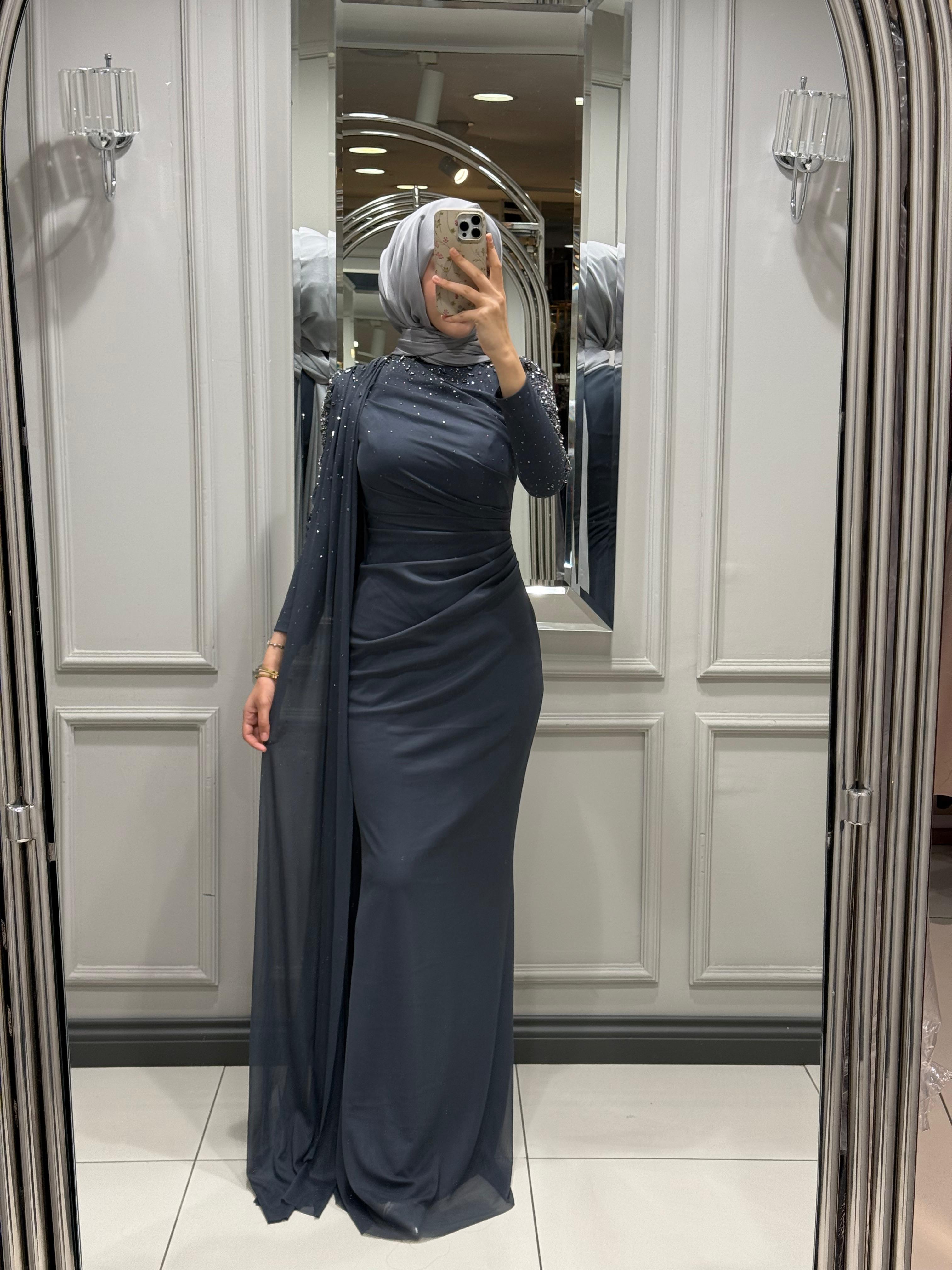 FASHION NIGHT KOLU TAŞLI ELBİSE