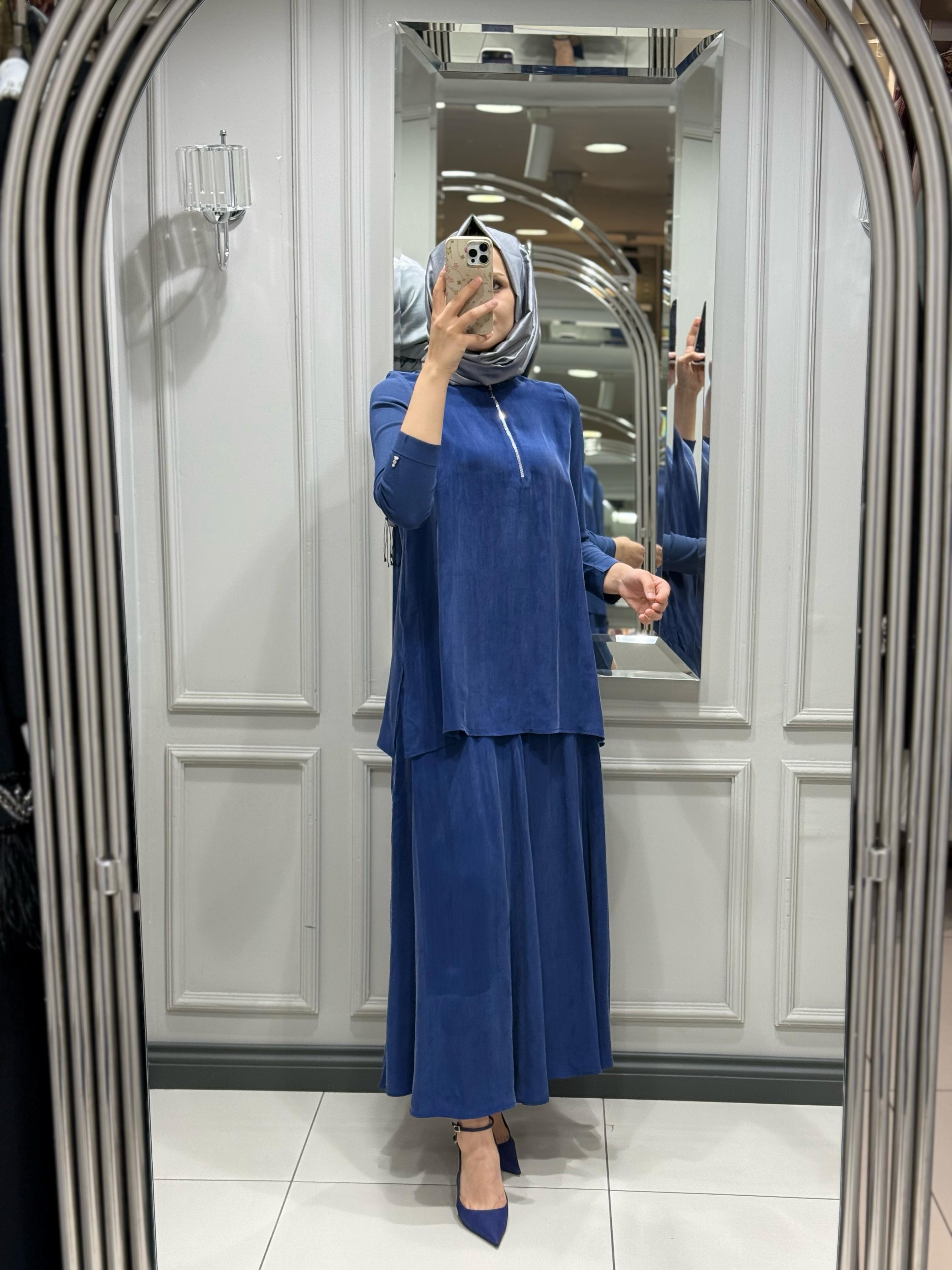 DALİDA YAKASI FERMUARLI CUPRO TUNİK - NAVY BLUE