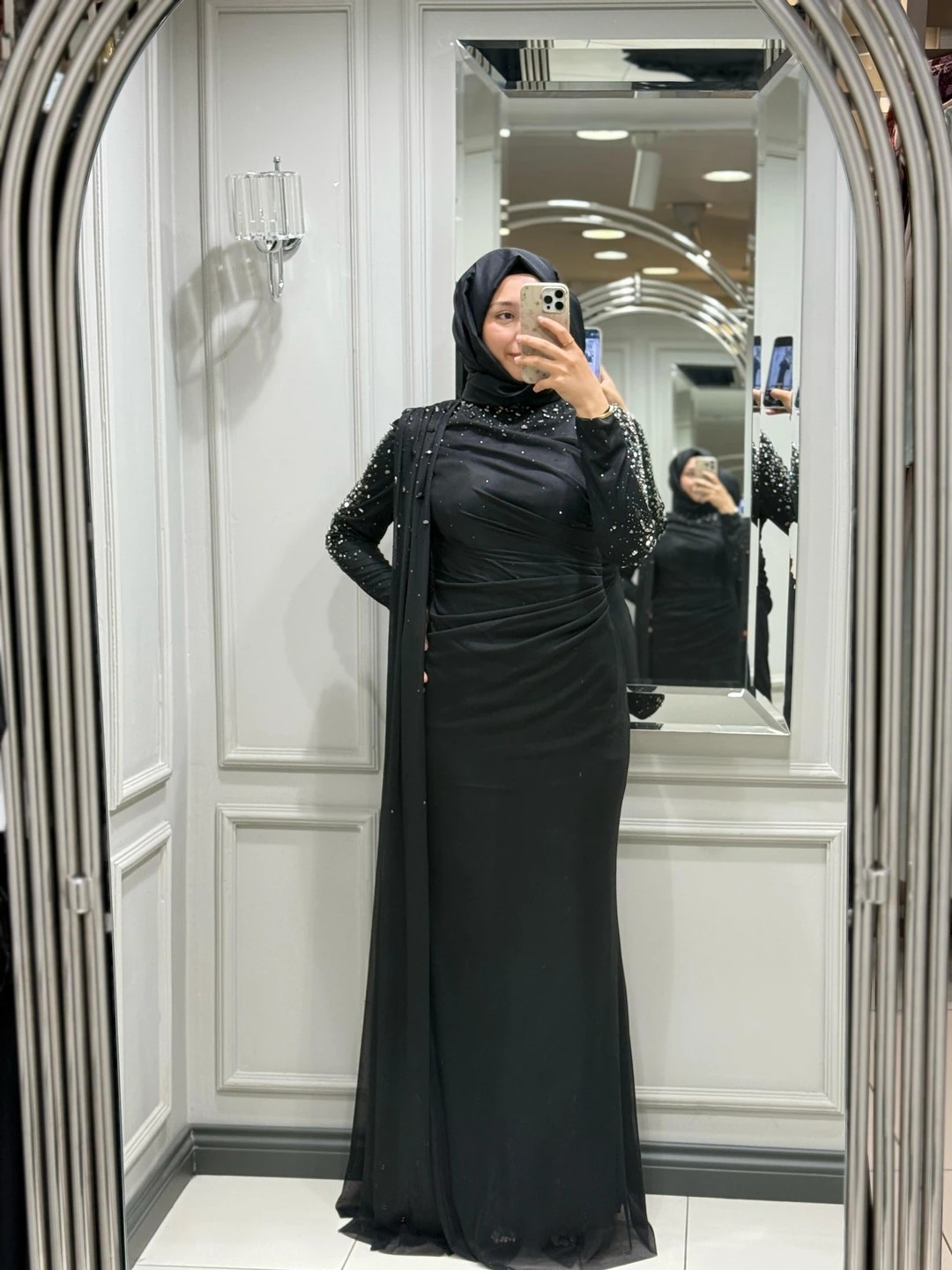 FASHION NIGHT KOLU TAŞLI ELBİSE (ABİYE) - SİYAH