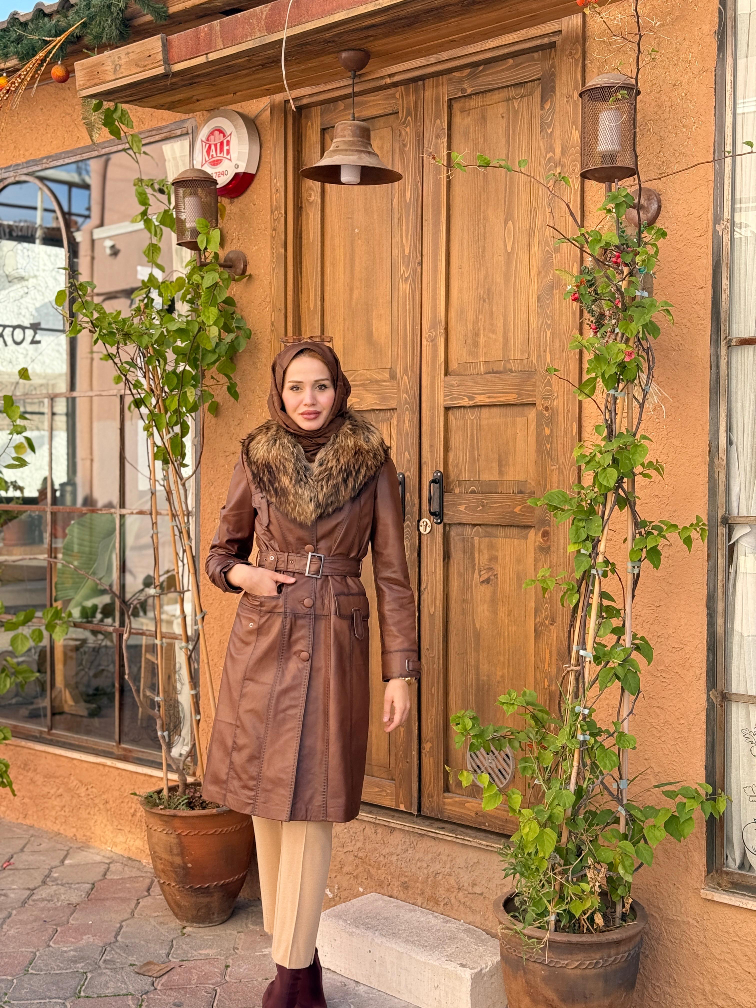 BARUT DERİ KURK YAKA KISA MONT - ANTIK VISKI