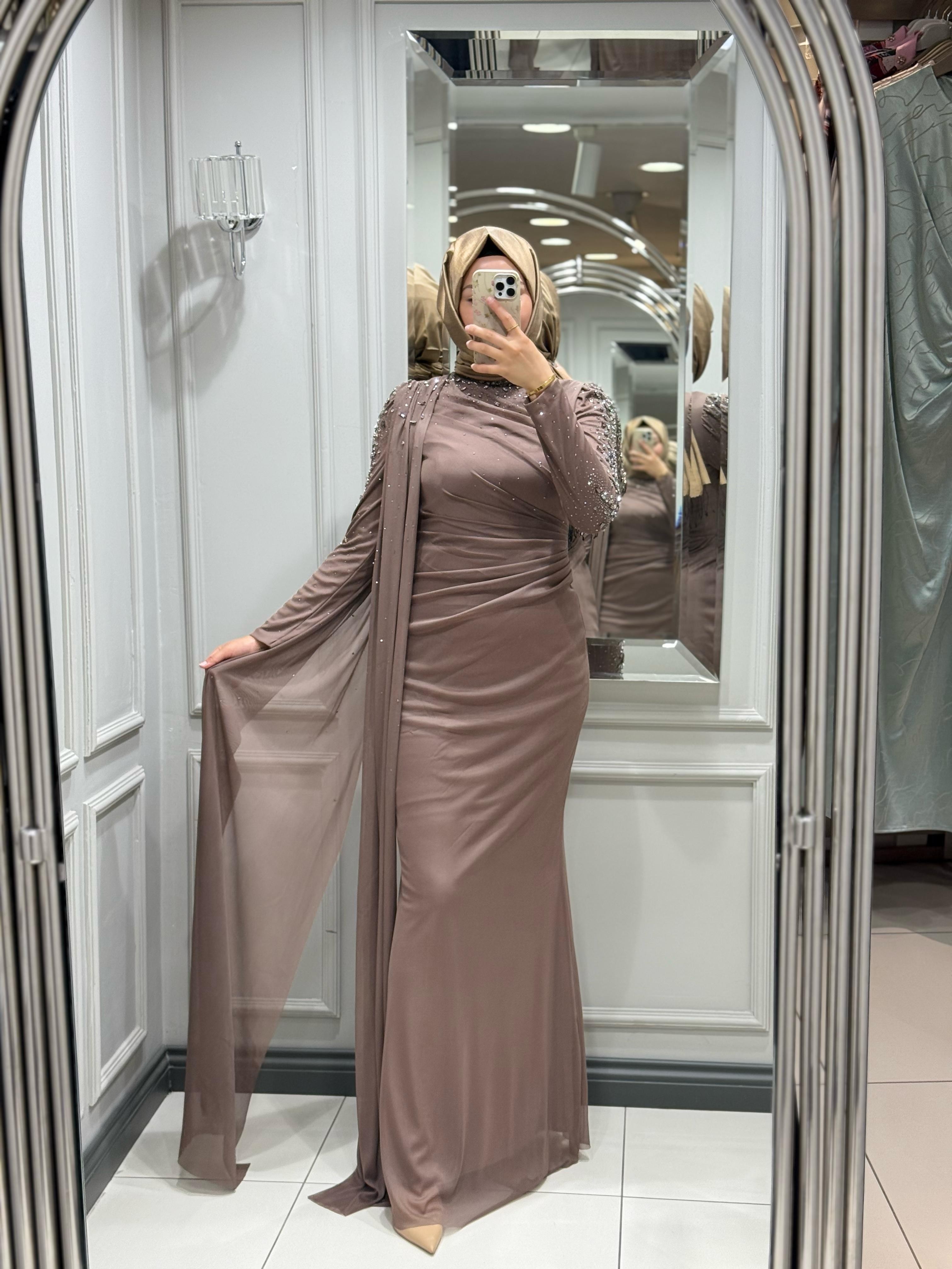 FASHION NIGHT KOLU TAŞLI ELBİSE