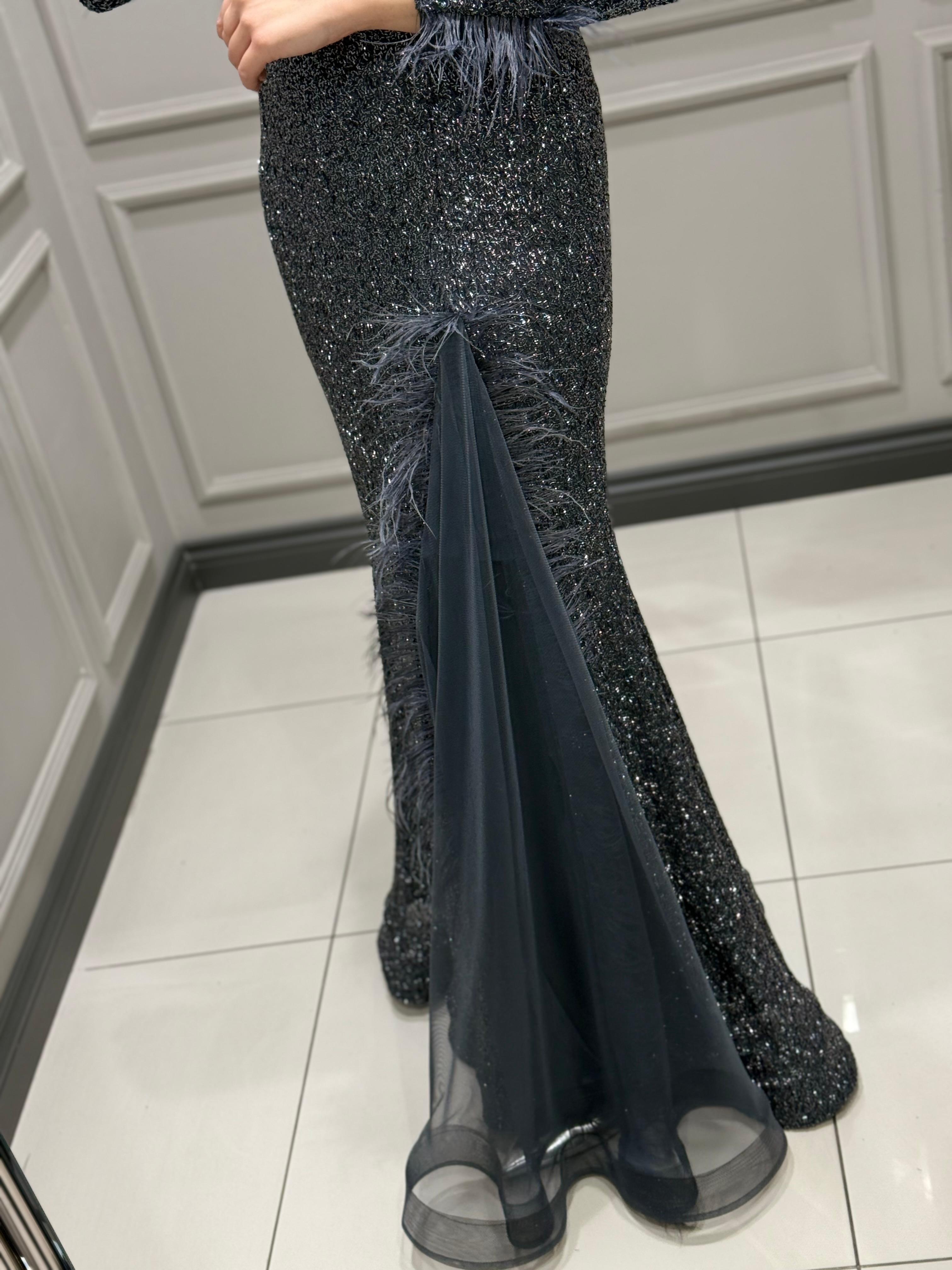 FASHION NIGHT PIRILTI ABİYE ELBİSE - ANTRASIT