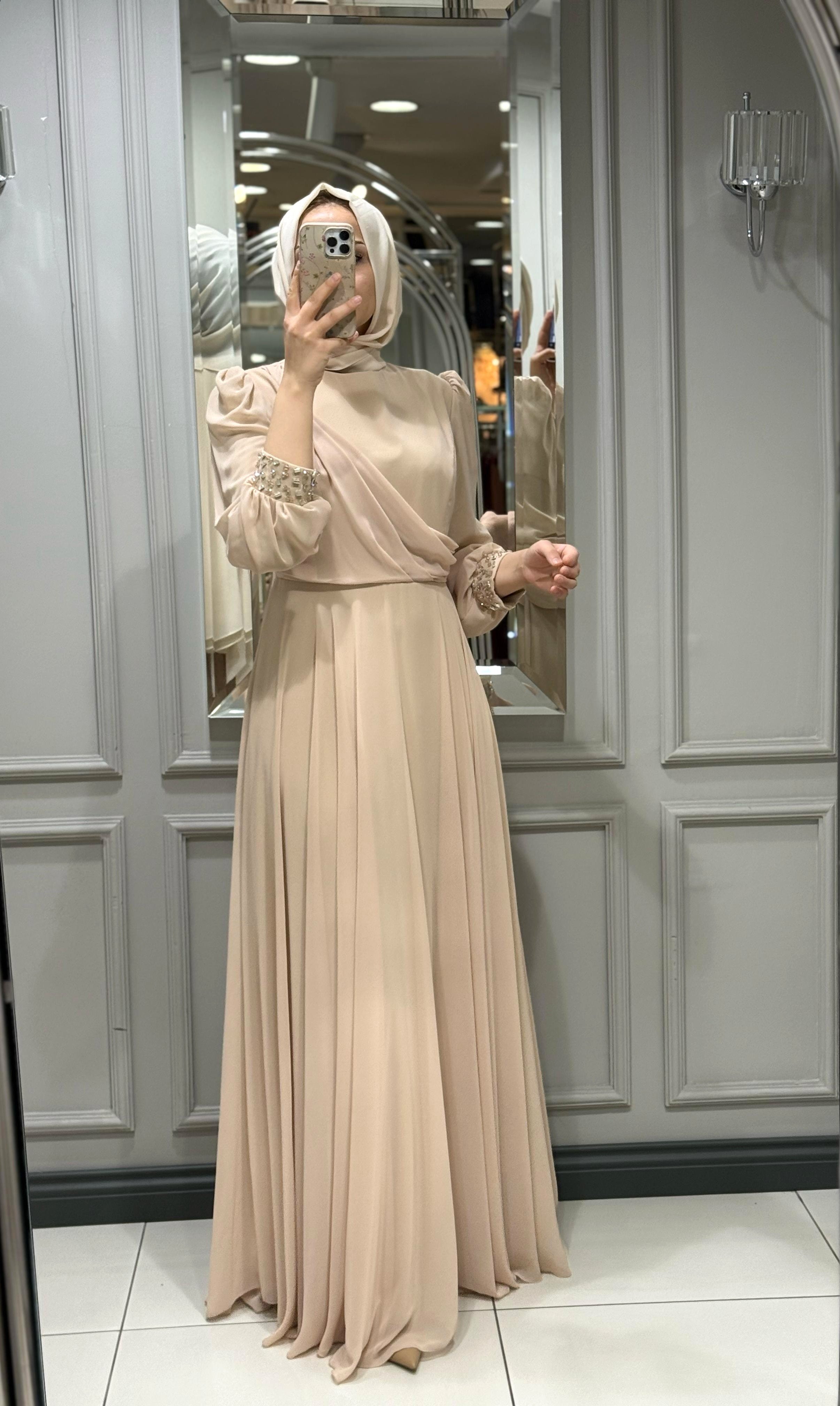 FASHION NIGHT ŞİFON ELBİSE - BEJ
