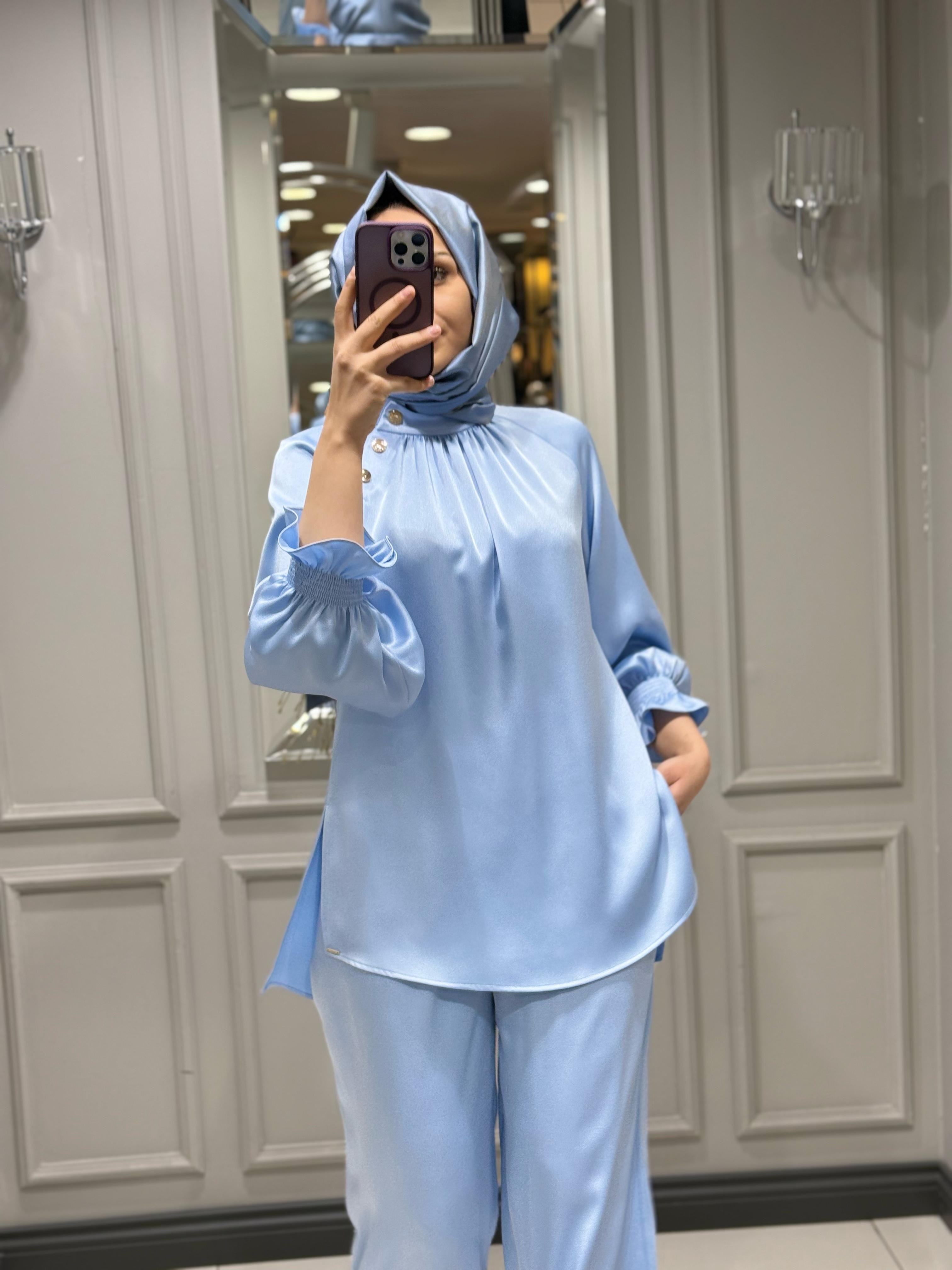 SENNA ELEGANCE BLUZ PANT ABİYE TAKIM MAVİ