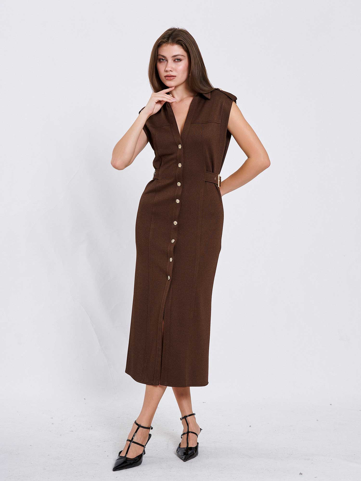 111636 Omzu Apoletli Örme Elbise