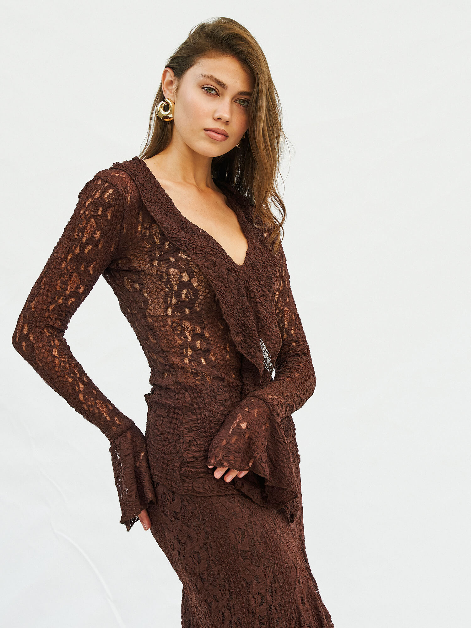 071751 Volan Detaylı Dantel Bluz