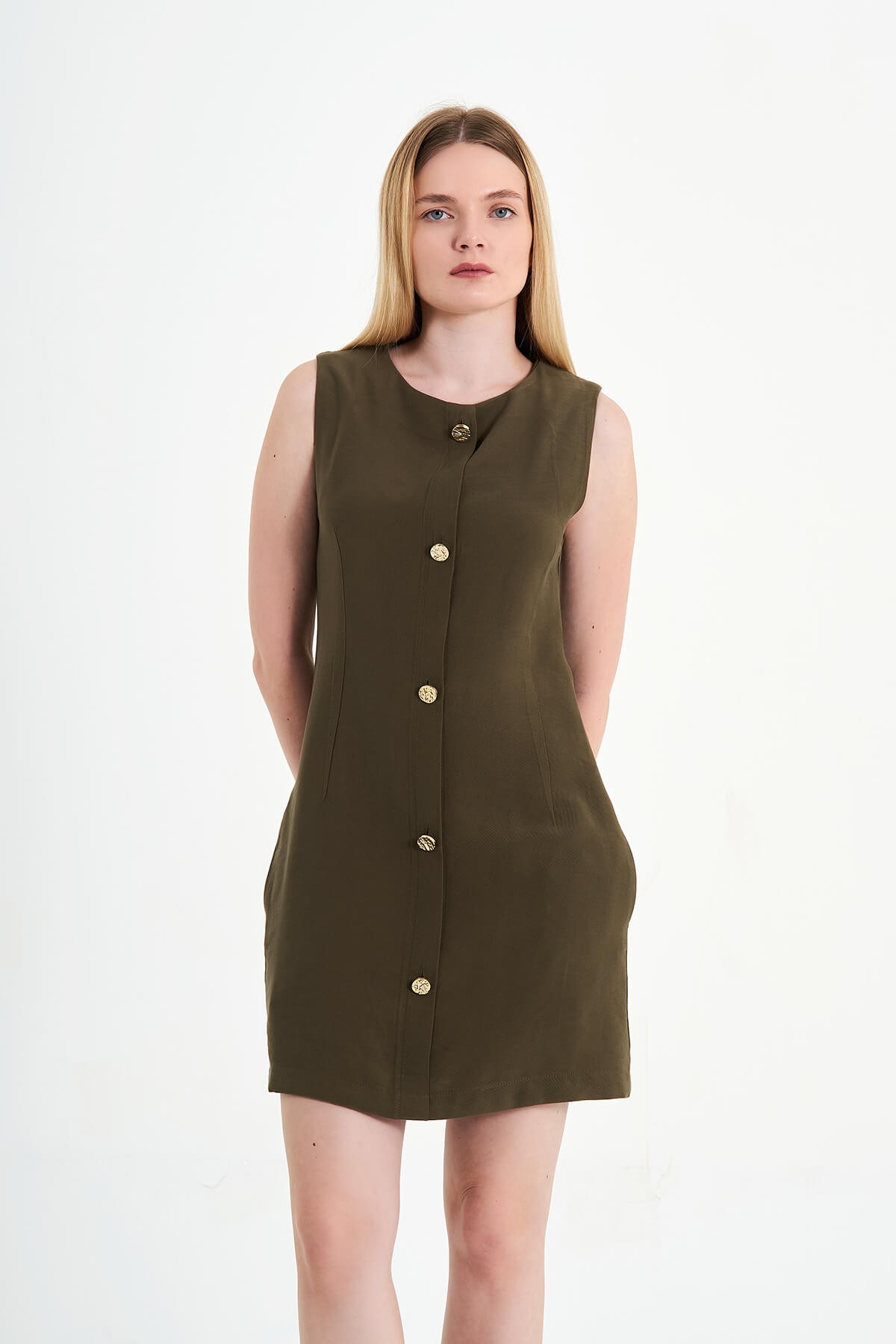 111490 SLEEVELESS DRESS WITH METAL BUTTONS - Khaki