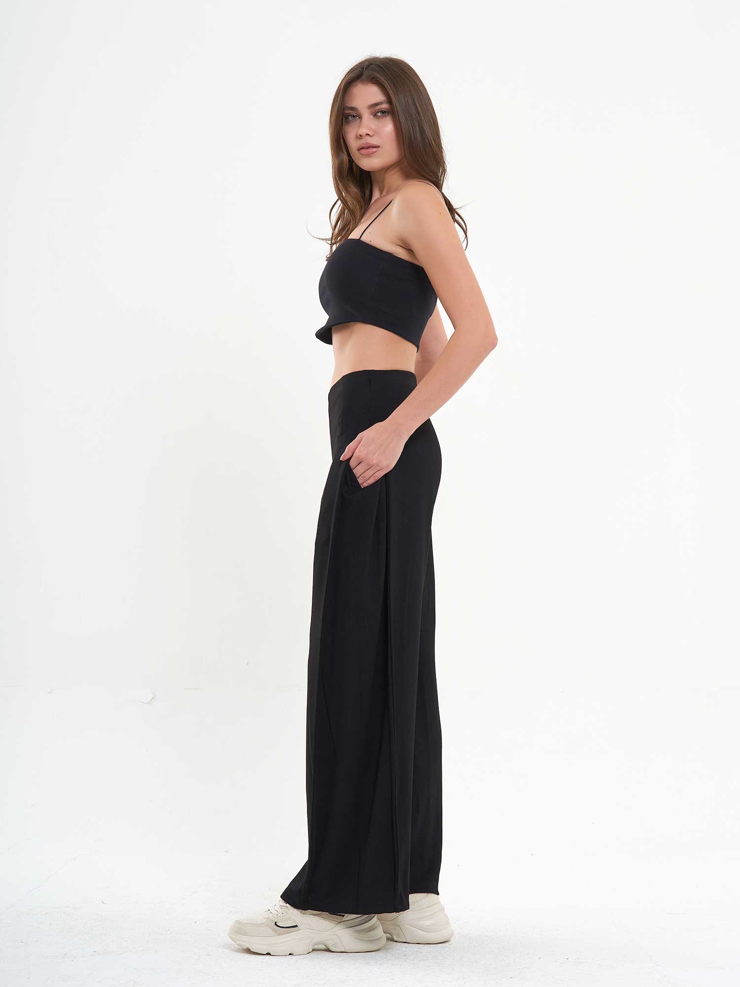 031595 Yanları Pileli Bol Paça Pantolon