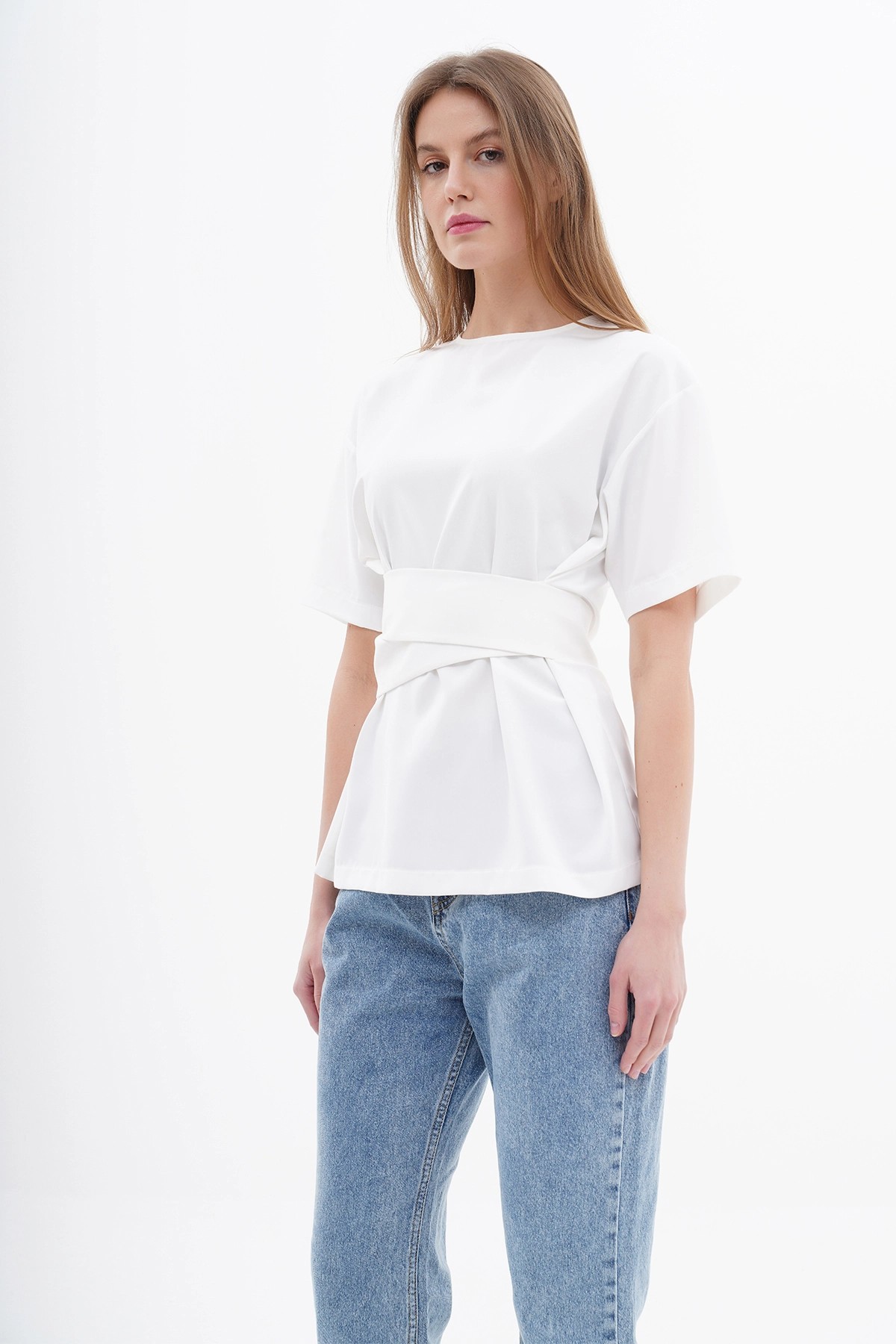 071508 Waist Band Detailed Satin Blouse