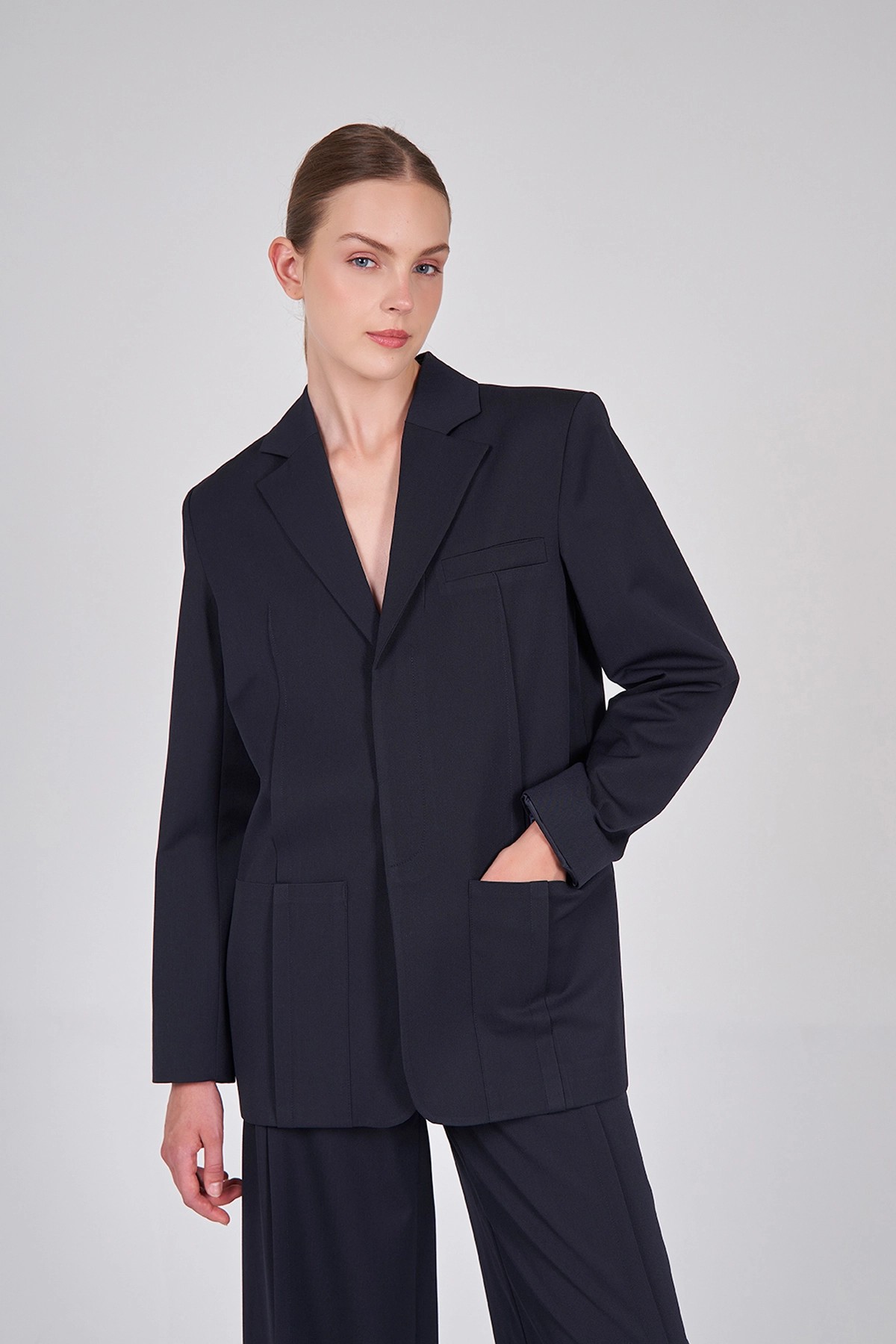 130803 Dikiş Detaylı Uzun Blazer