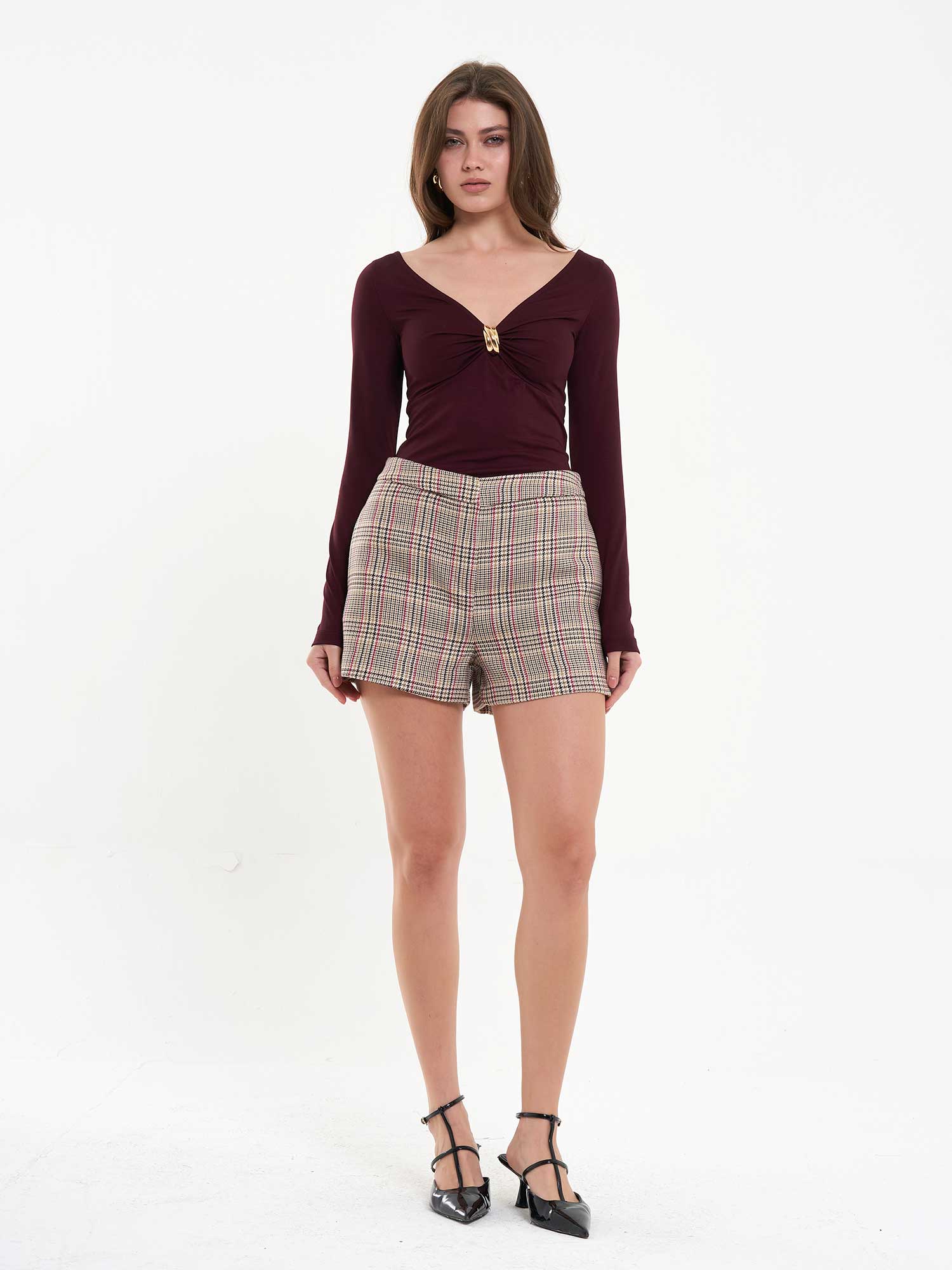 071771 Önü Büzgülü Bodysuit - Mürdüm