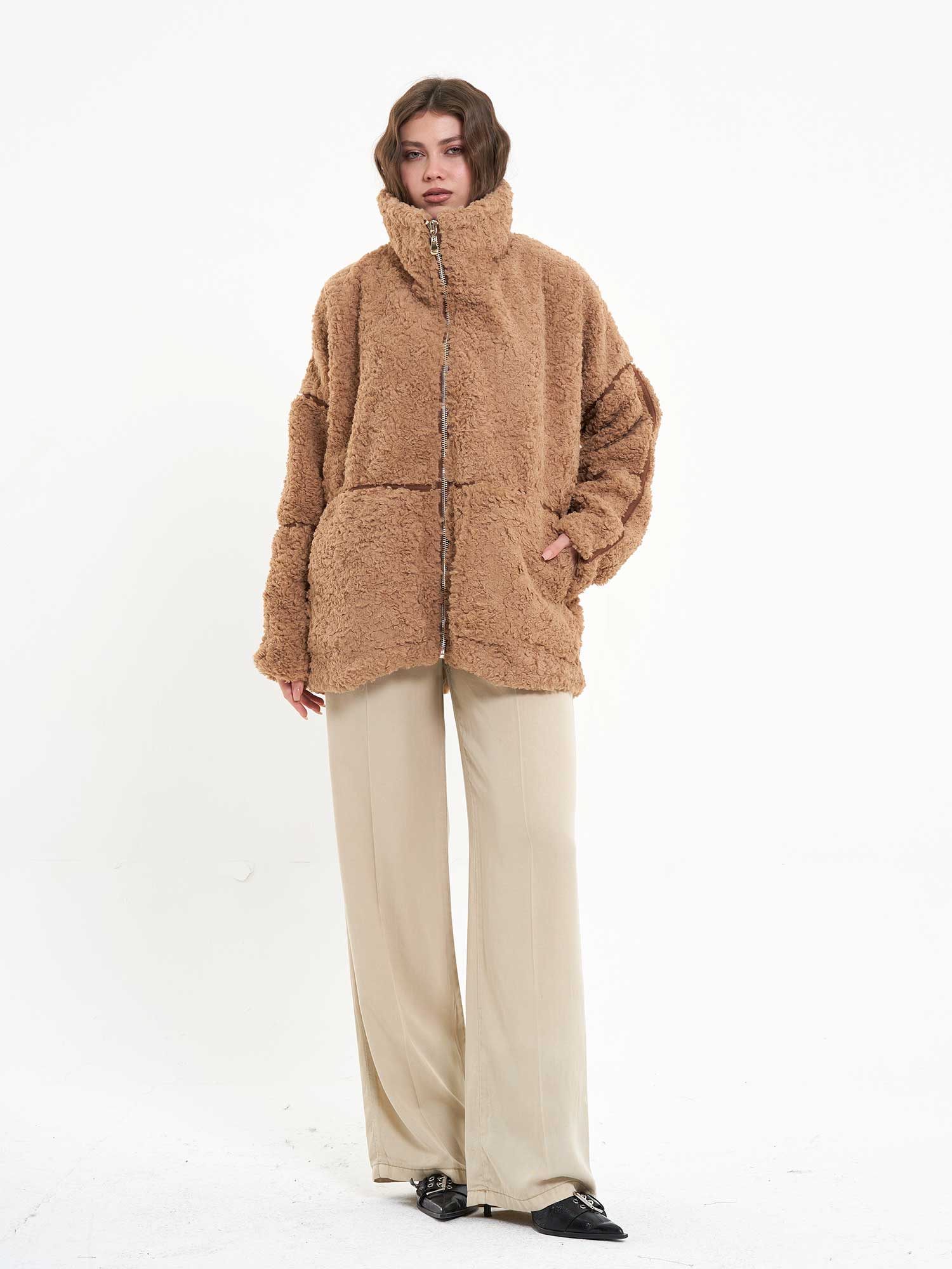 160833 Süet Şerit Detaylı Mont - Bej