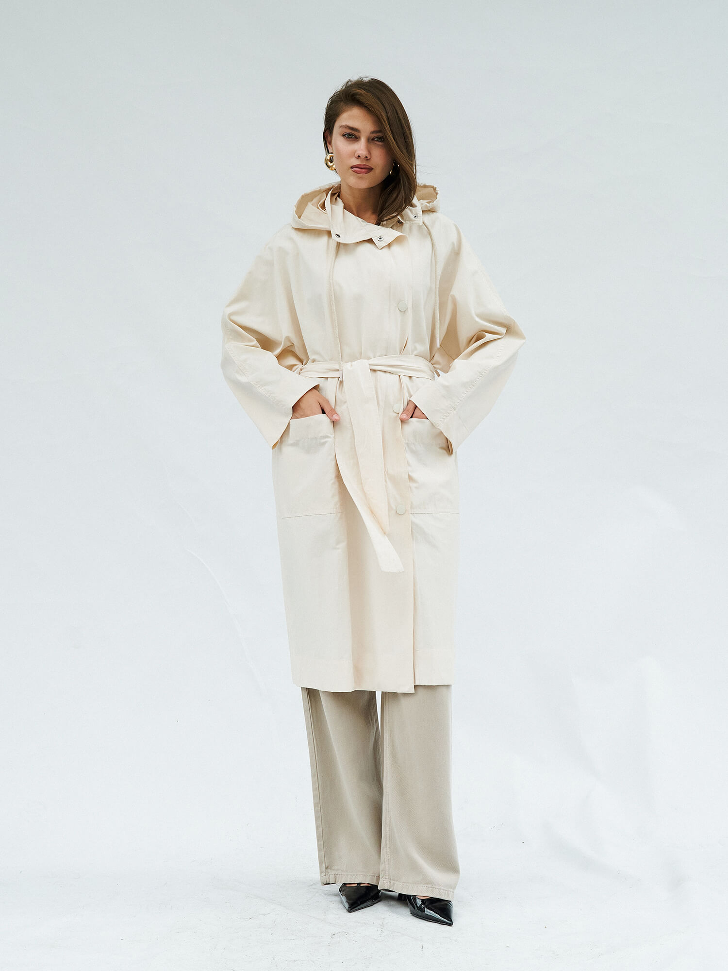 250344 Kapüşonlu Uzun Yağmurluk