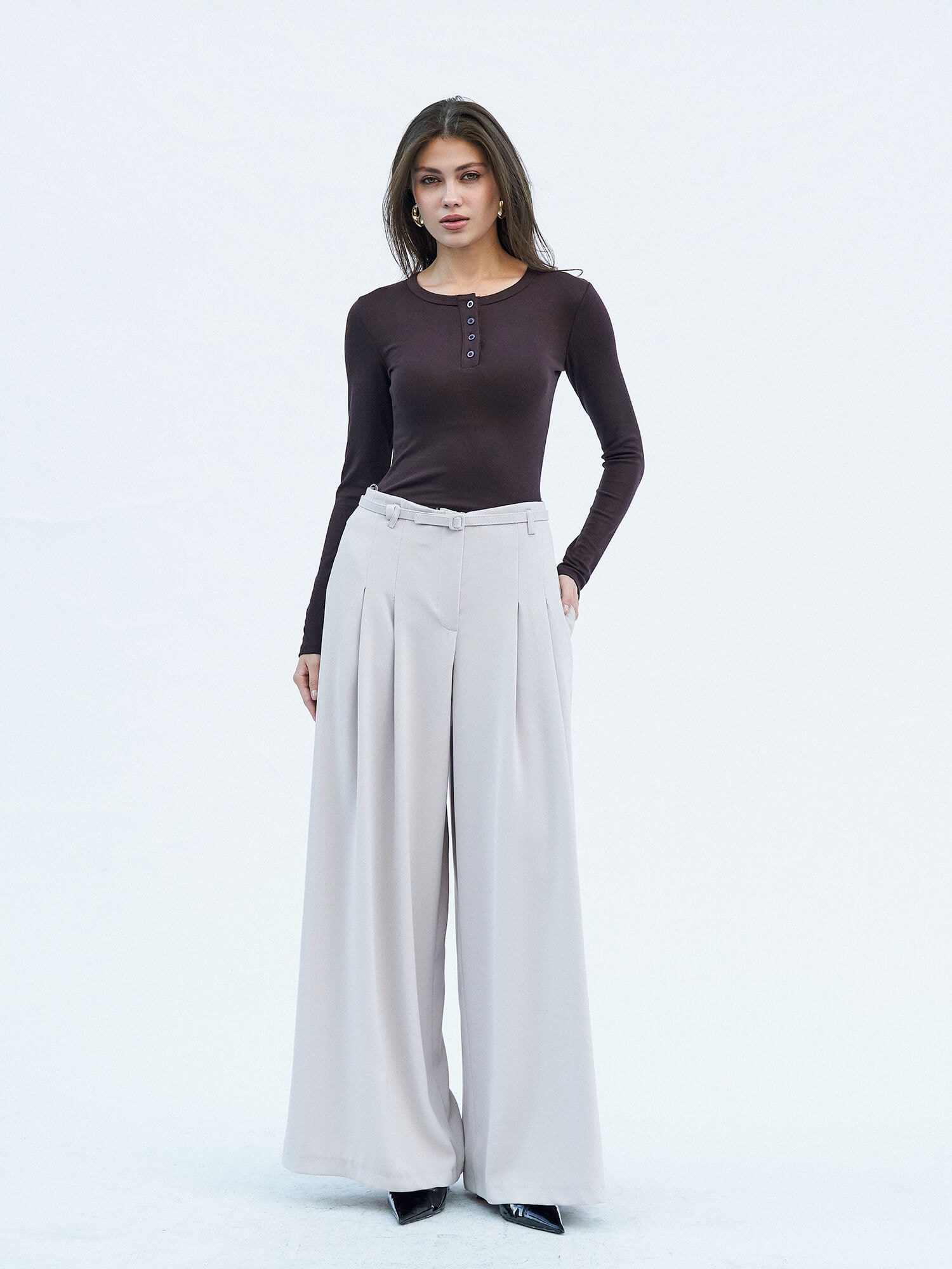 031577 Pervazlı Çift Pile Pantolon - Taş