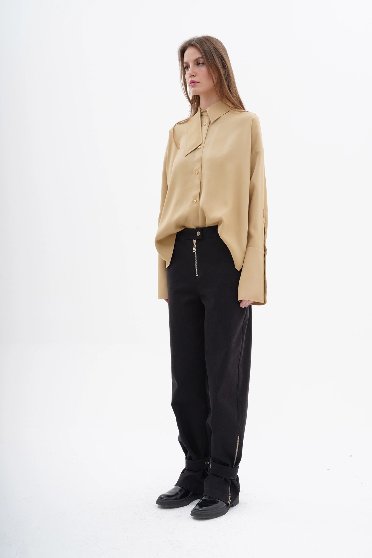 080527 Long Sleeve Asymmetric Collar Detailed Shirt