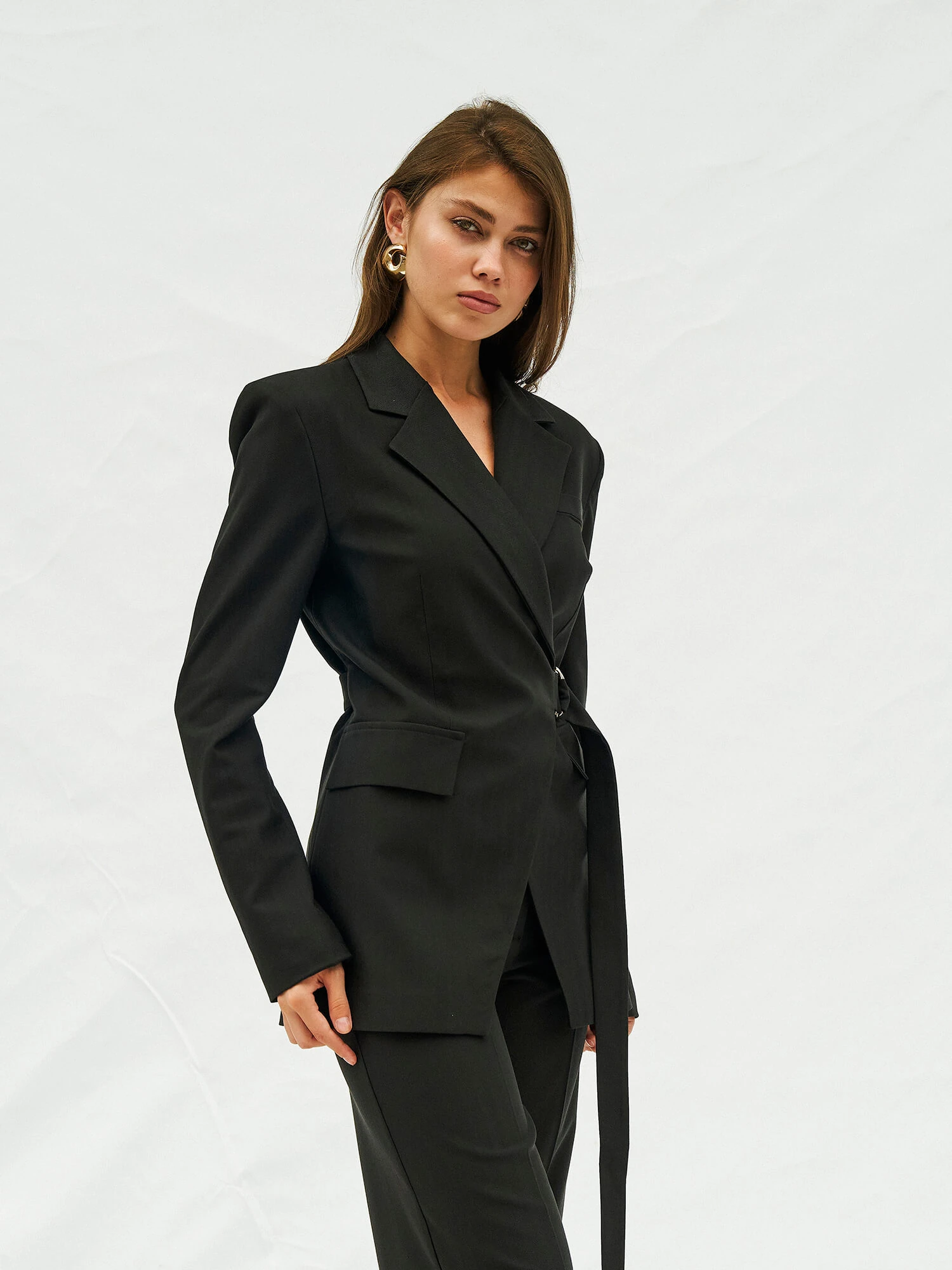 130974 Kruvaze Kapamalı Kendinden Kemerli Ceket