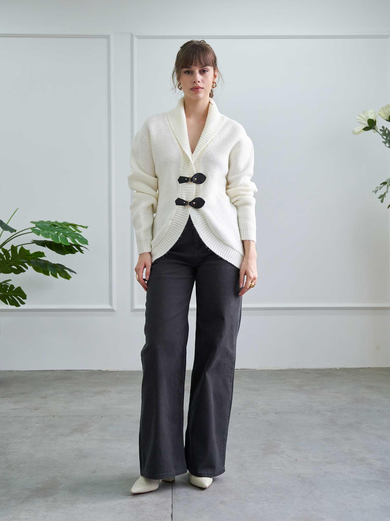 150576 Shawl-Collar Knit Cardigan with Buckle Belt - LEFON