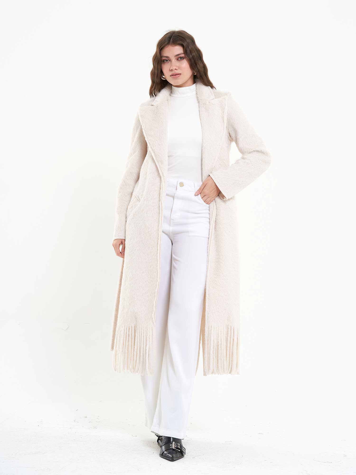 170510 Etek Ucu Saçaklı Kaban - Krem