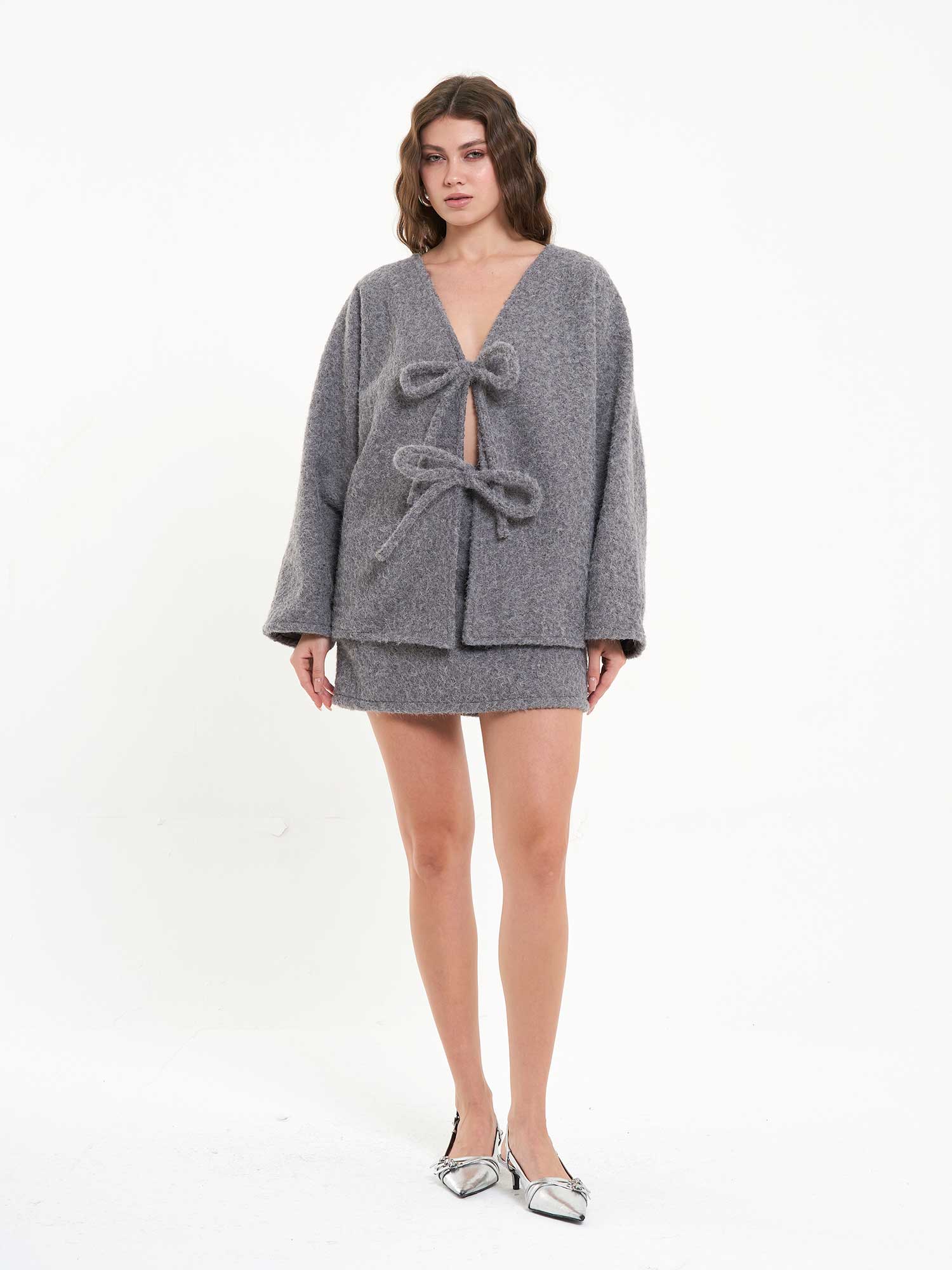 220595 Önü Bağlamalı Etek Takım - Gri