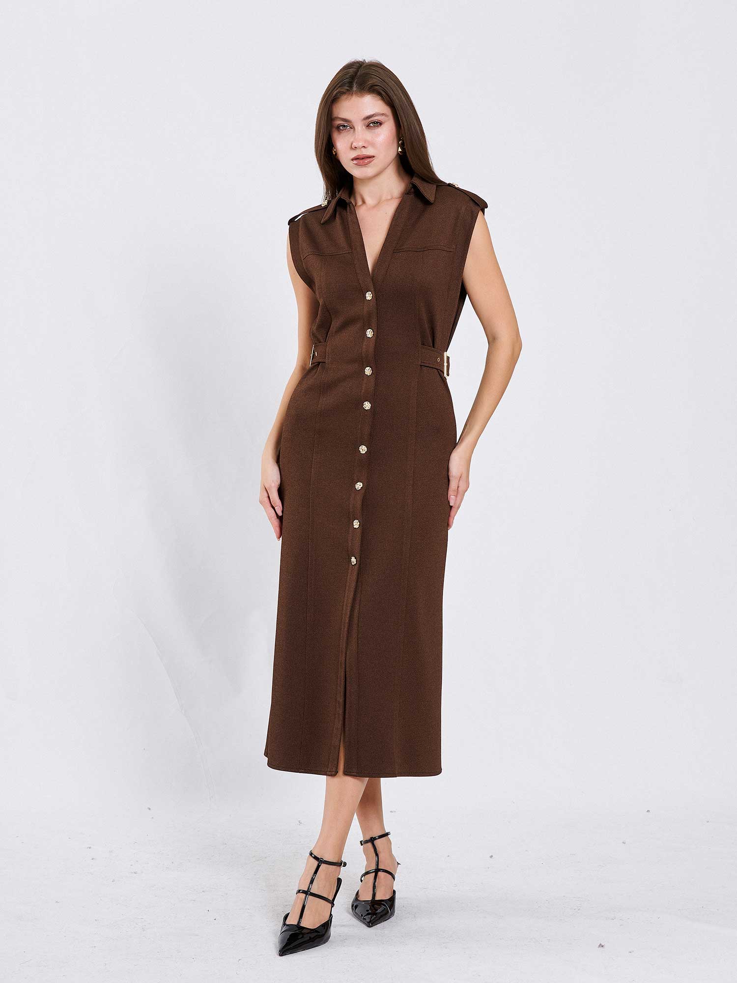 111636 Omzu Apoletli Örme Elbise