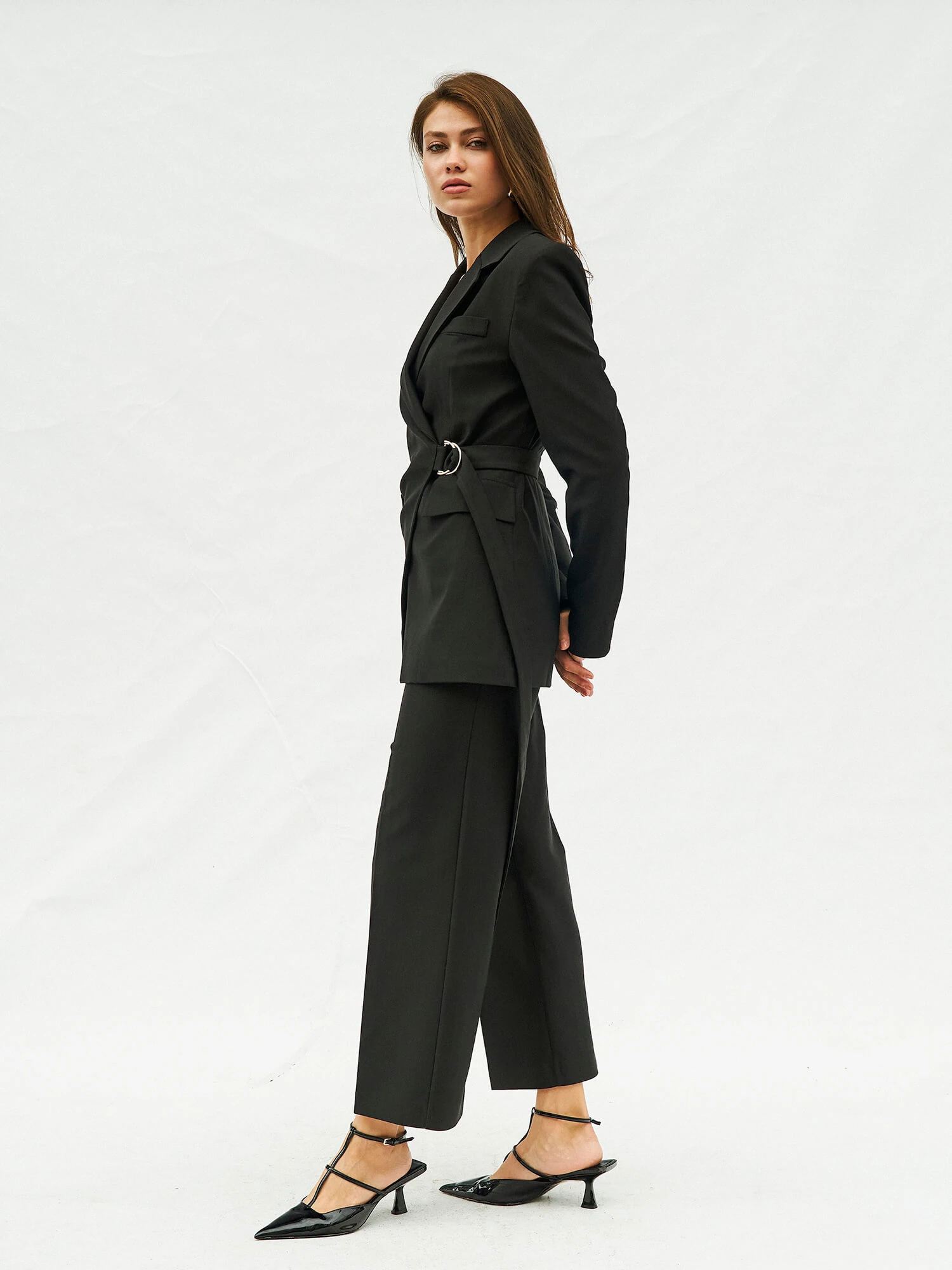 130974 Kruvaze Kapamalı Kendinden Kemerli Ceket