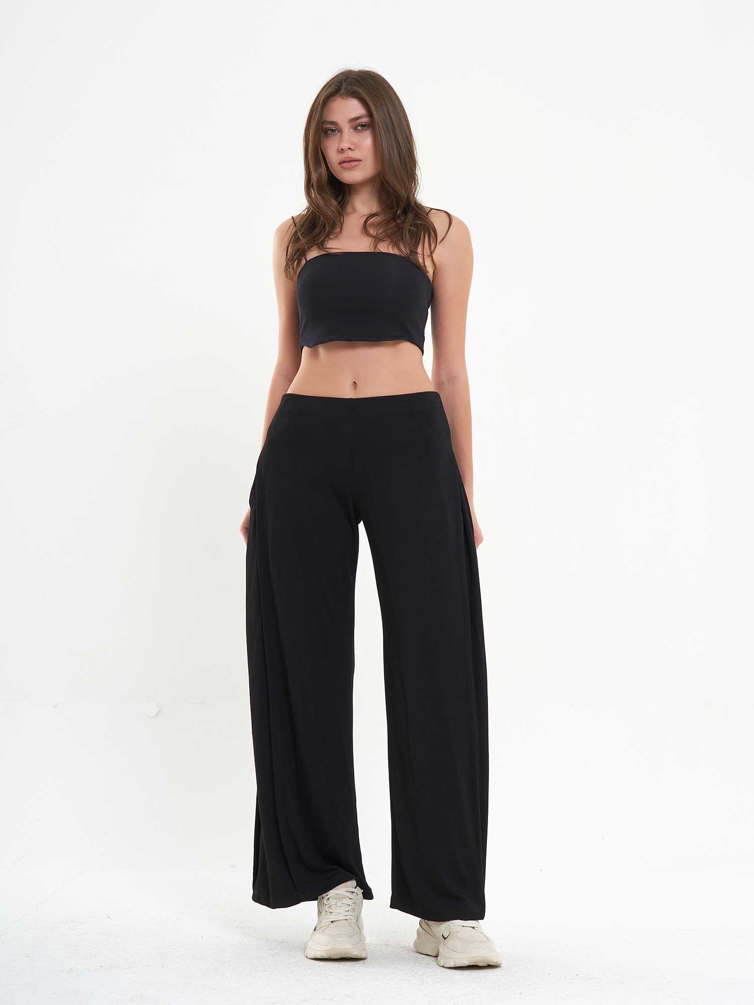 031595 Yanları Pileli Bol Paça Pantolon - Siyah