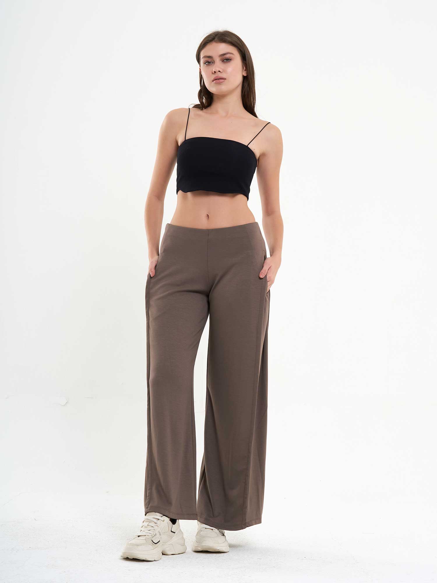 031595 Yanları Pileli Bol Paça Pantolon - Vizon