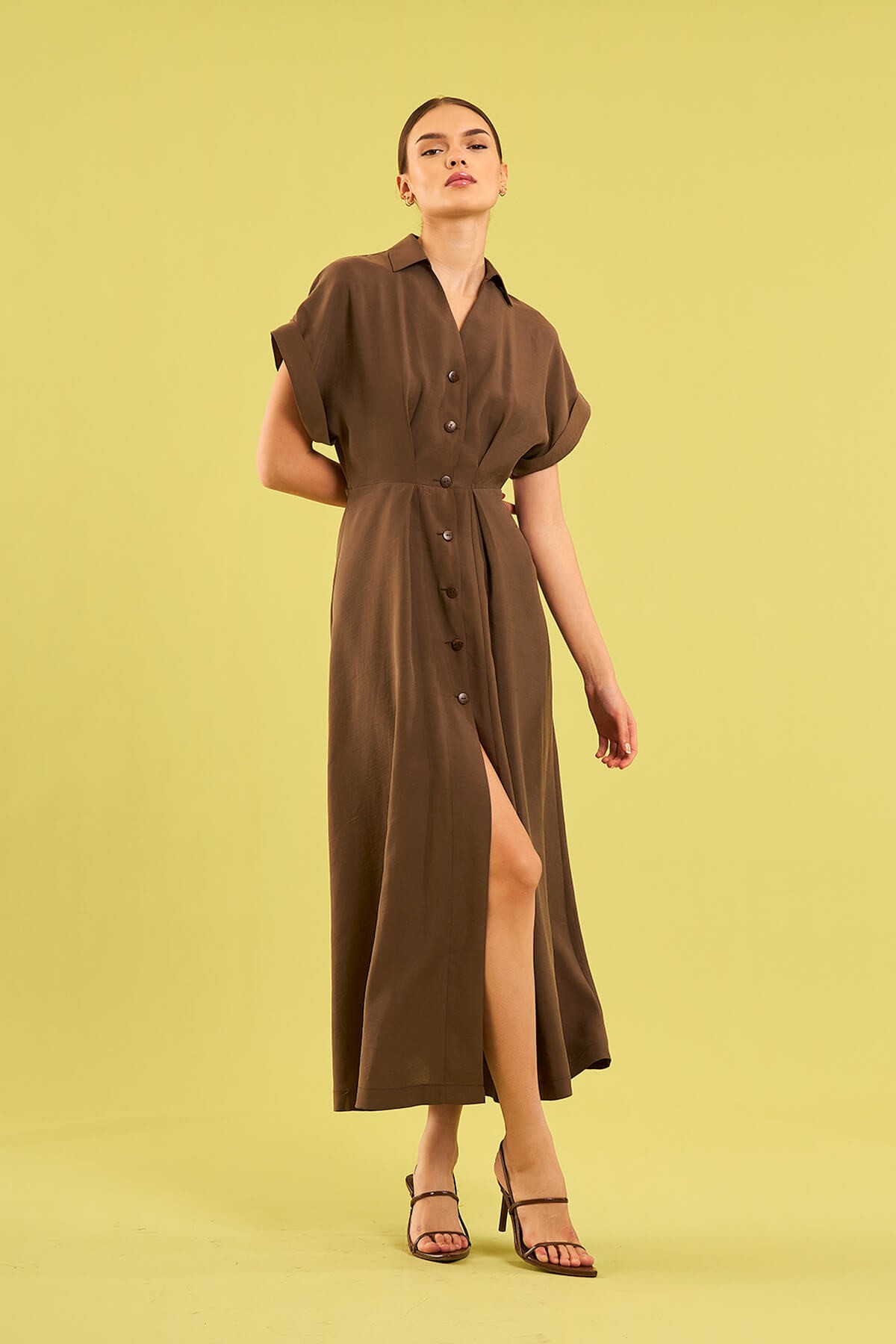 111499 SHIRT COLLAR DRESS WITH BUTTONS FRONT - Khaki