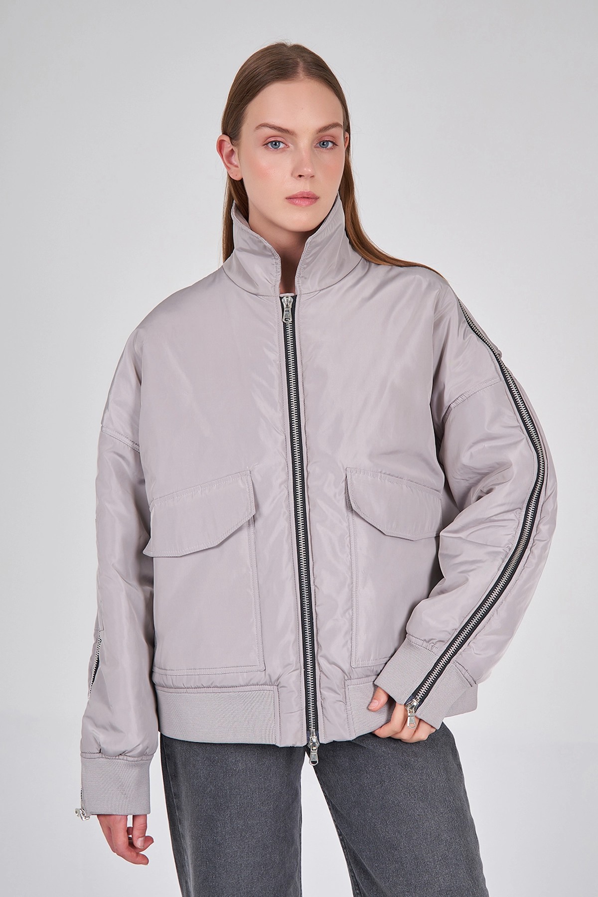 160683 Sleeve Detailed Zippered Bomber Jacket -     Chrome Gray