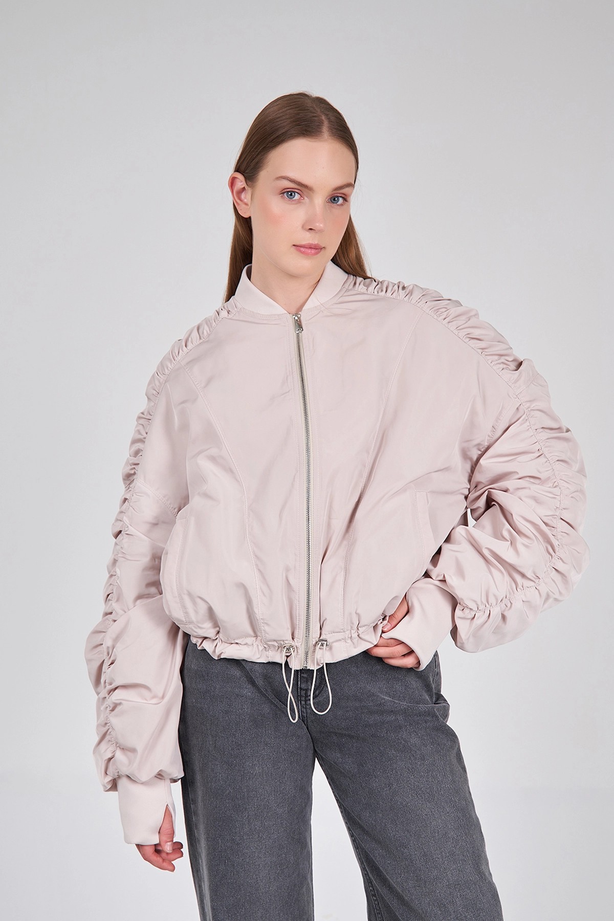 160684 Bomber Jacket with Drawstring Sleeves - Beige