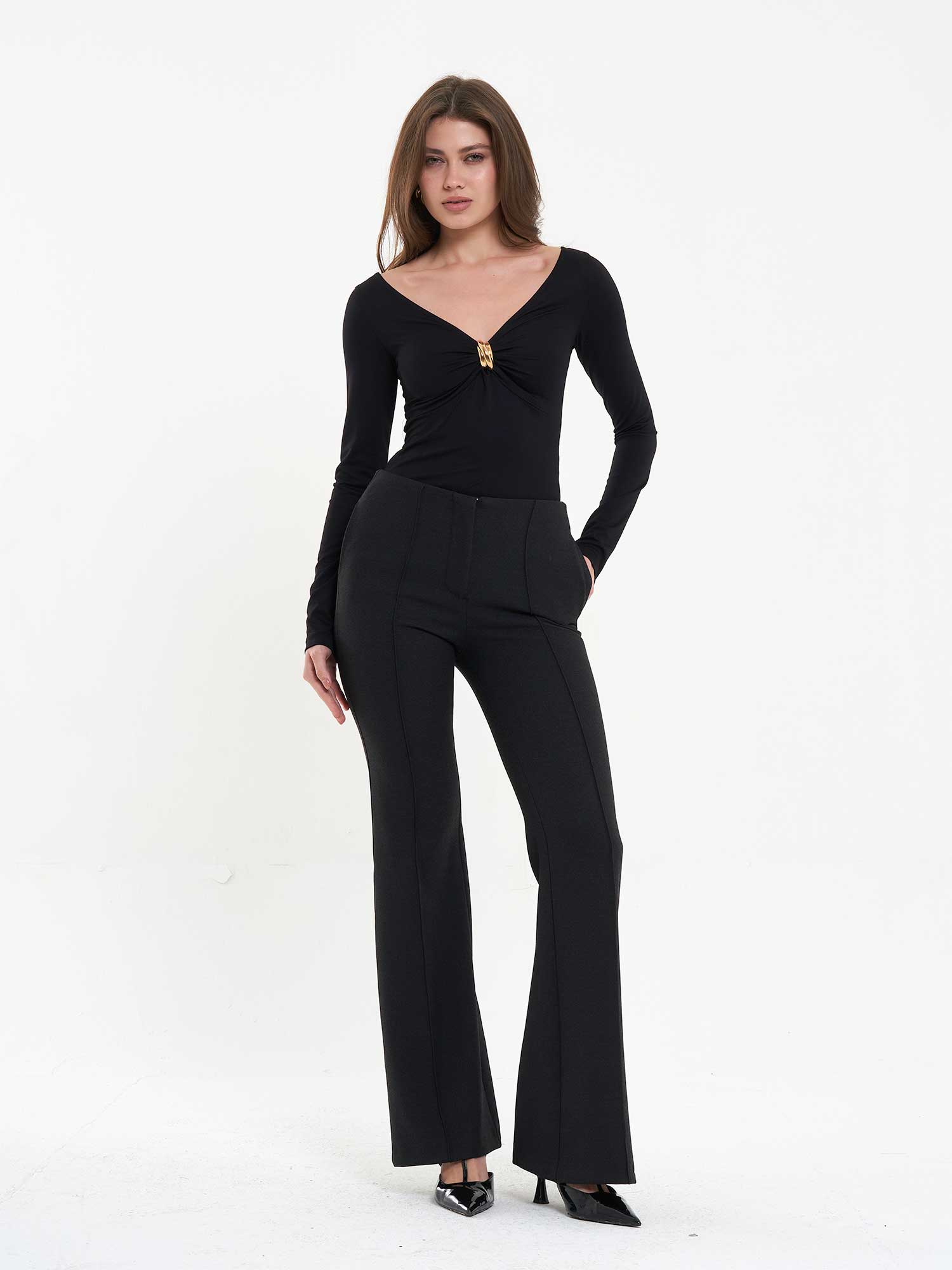 071771 Önü Büzgülü Bodysuit - Siyah