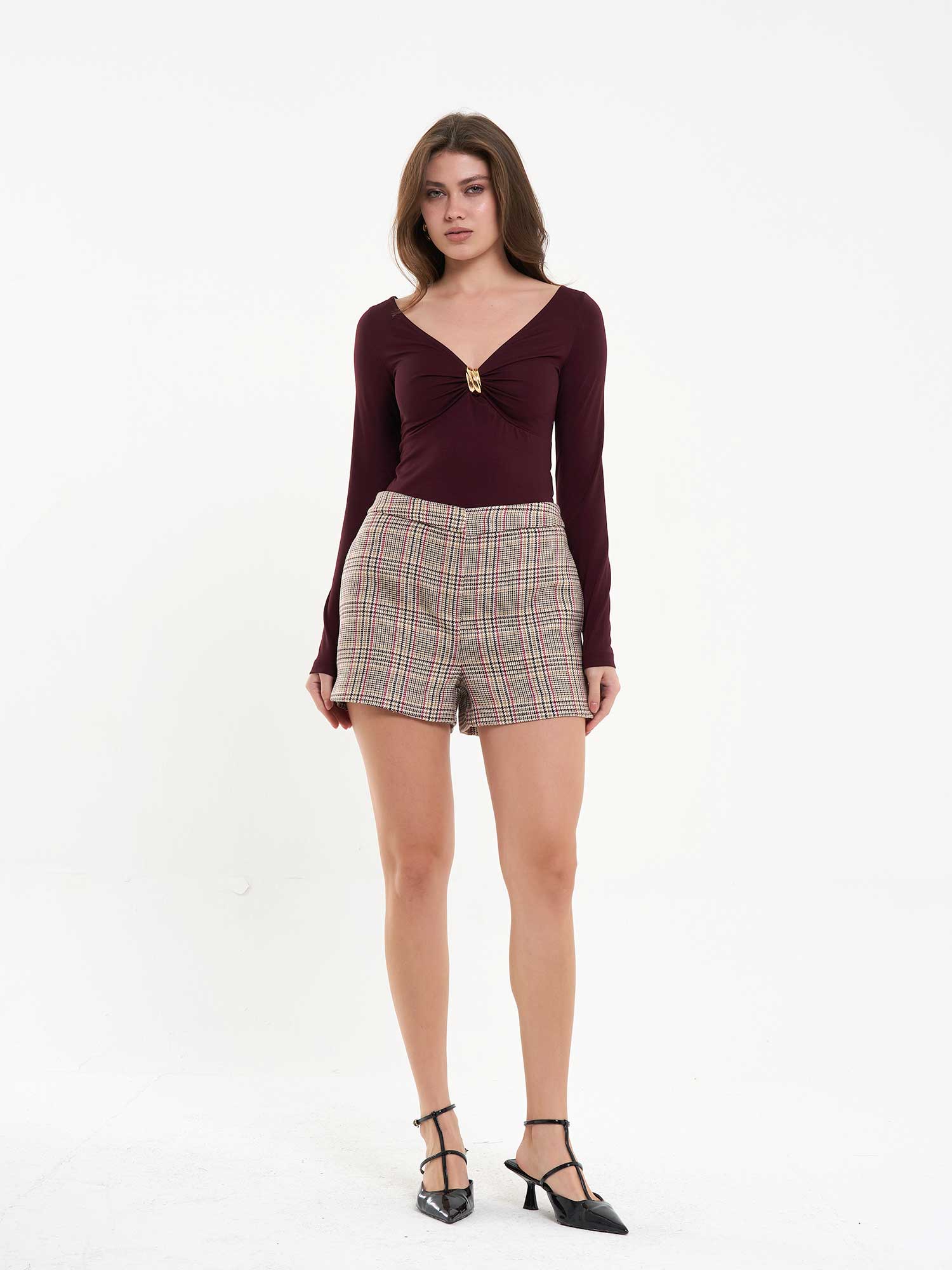 010811 Ekose Şort - Fuşya