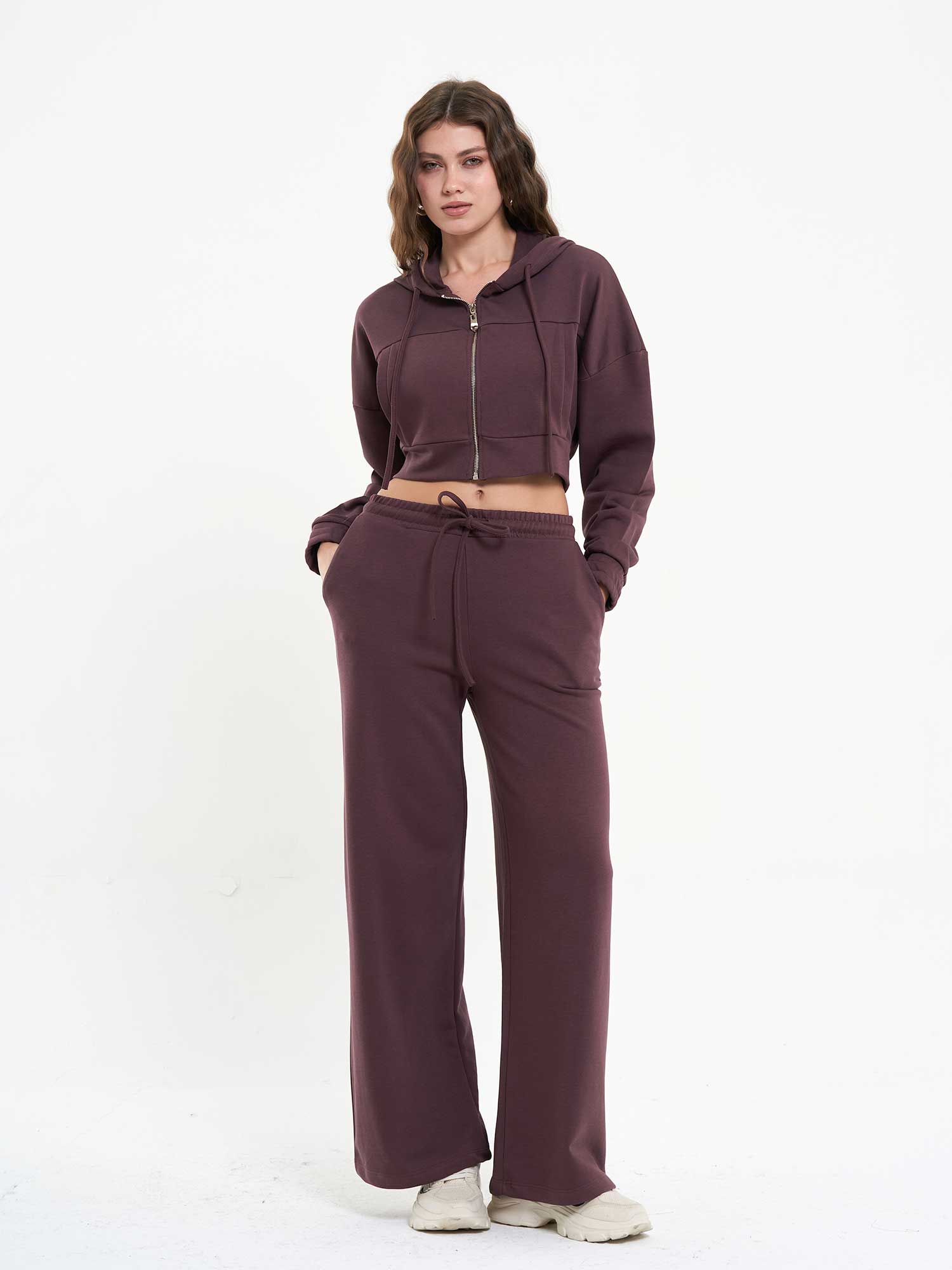 220601 Fermuarlı Sweatshırt Pantolon Takım - Mürdüm