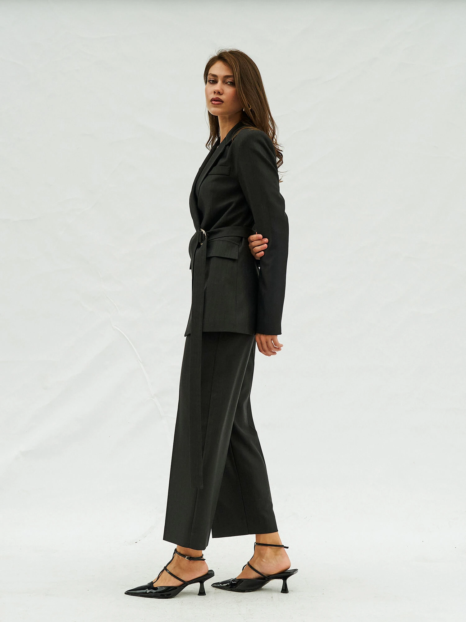 130974 Kruvaze Kapamalı Kendinden Kemerli Ceket