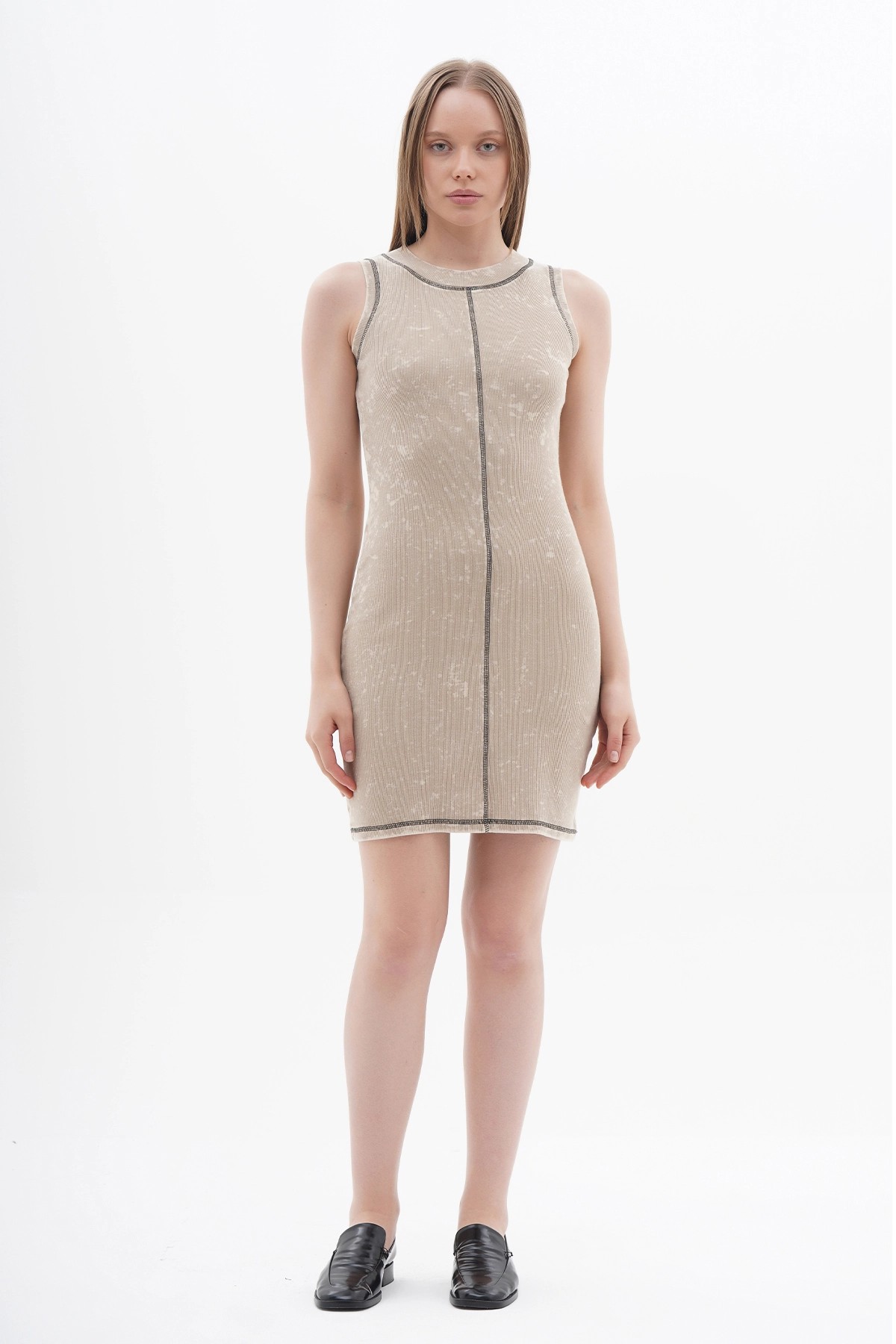 111287 Sleeveless Short Knitted Dress with Stitching Detail - Beige