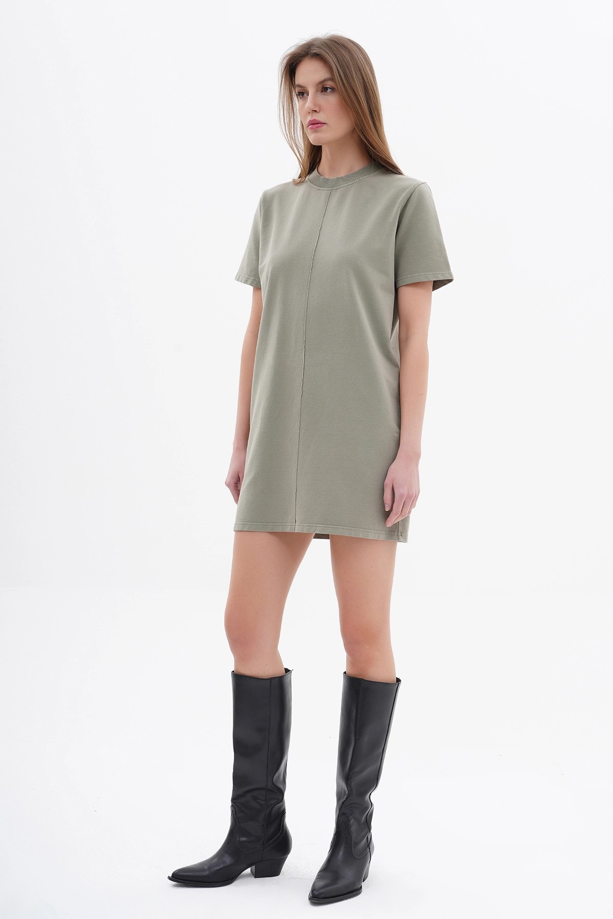 111307 Acid Wash T-shirt Dress - Hunter Green