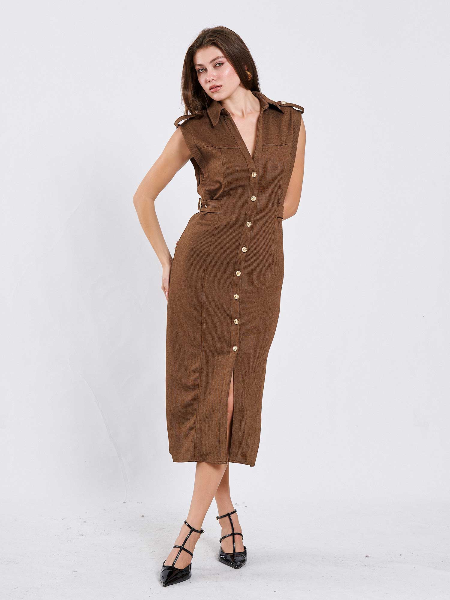 111636 Omzu Apoletli Örme Elbise