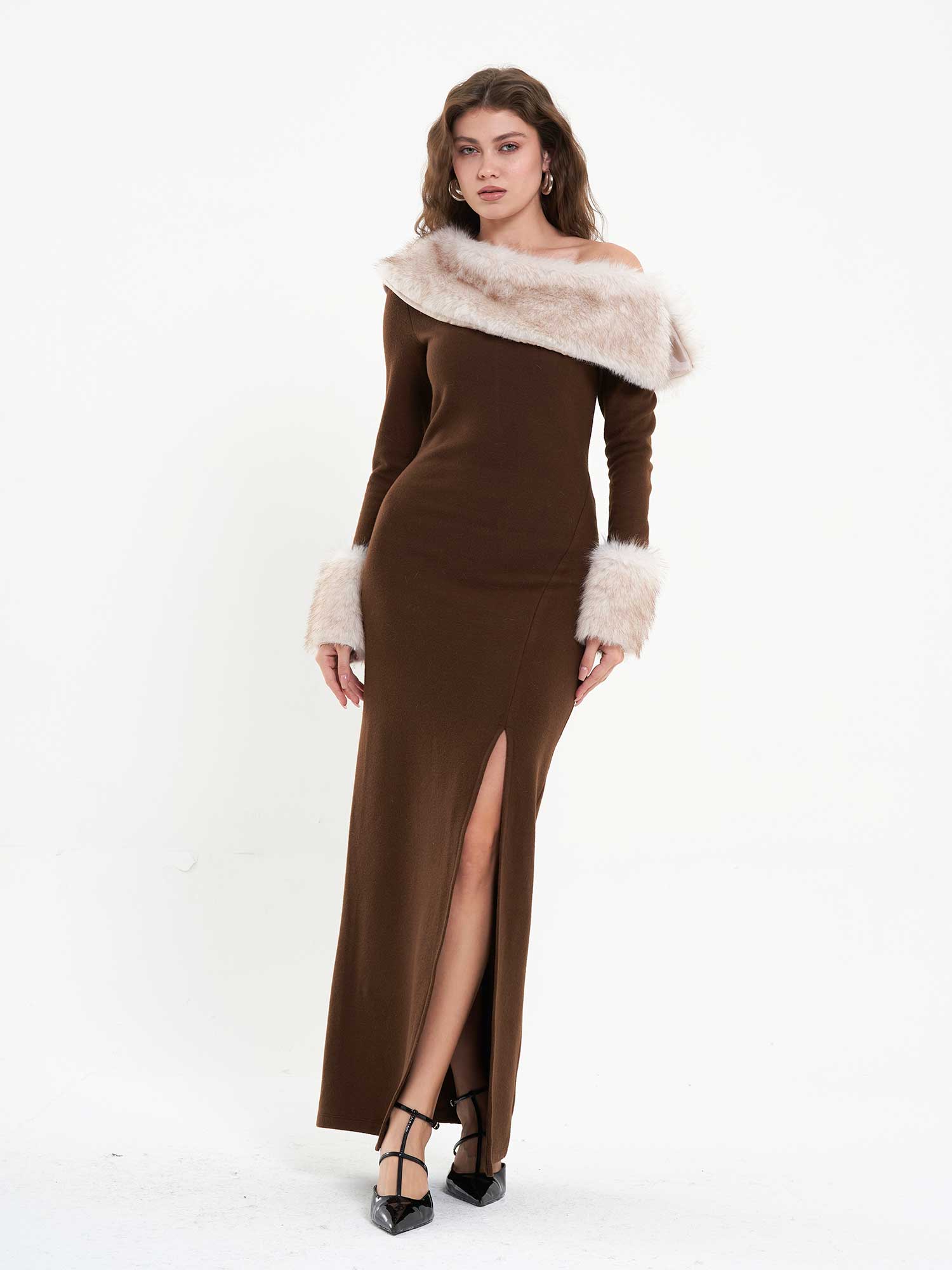 111620 Fur Detailed Long Dress - Coffee