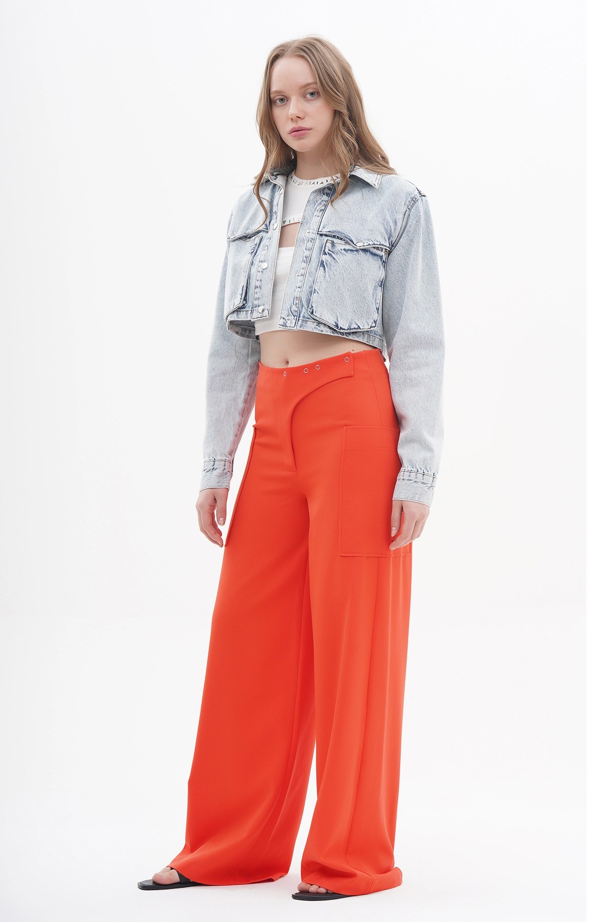 031139 Full Length Wıde Leg Pants Wıth Baby Press Button And Asymmetrıcal Closıng