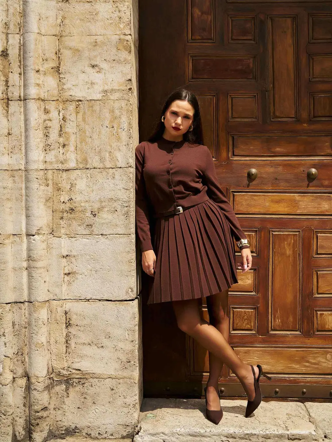 220701 Pleated Dress and Cardigan Knit Set - LEFON
