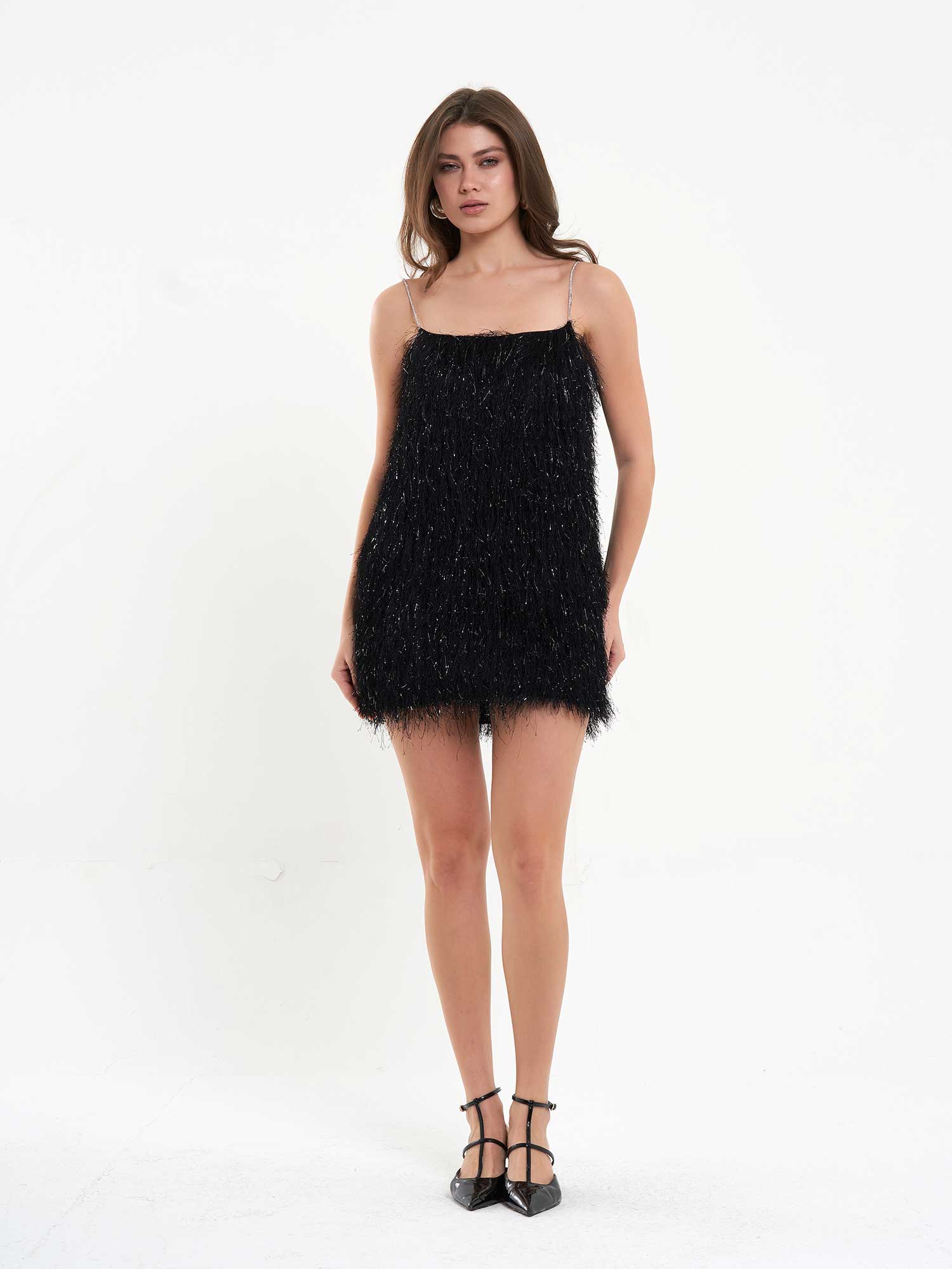 111658 Saçaklı Mini  Elbise - Siyah