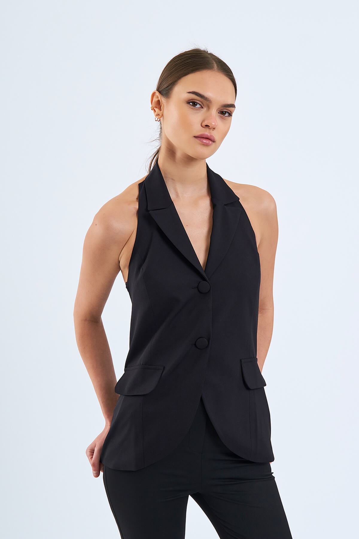 120602 DOUBLE BUTTONED VEST WITH BACK CUT-OUT - Black