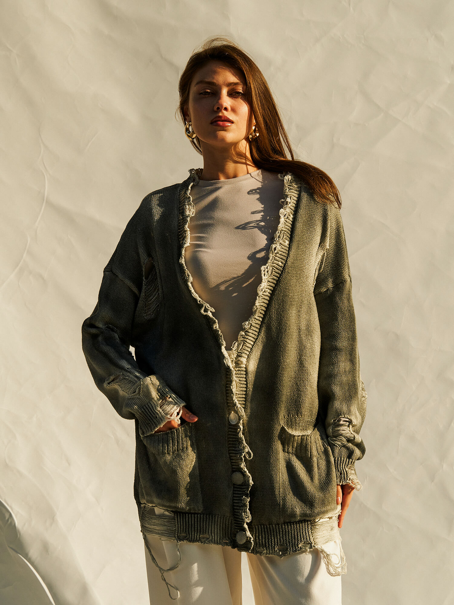 150408 Sprey Boyalı Oversize Triko Hırka