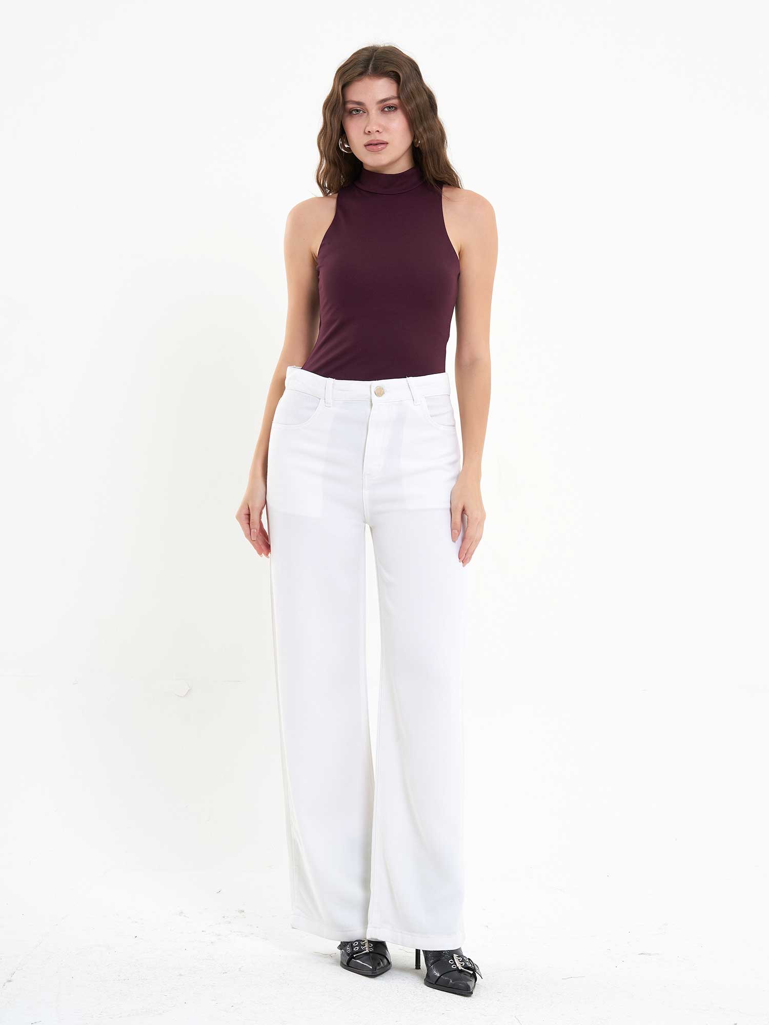 071784 Boğazlı Kolsuz Bodysuit - Mürdüm