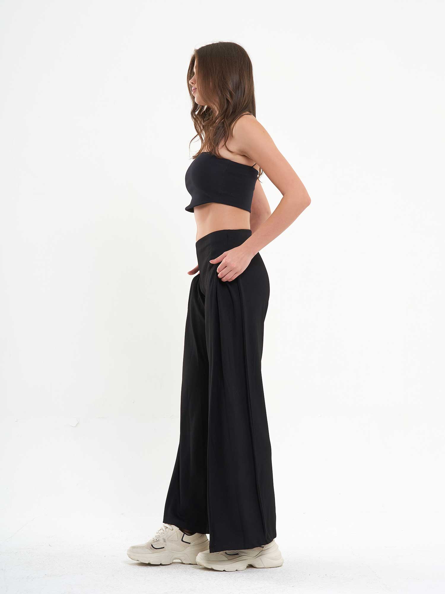 031595 Yanları Pileli Bol Paça Pantolon