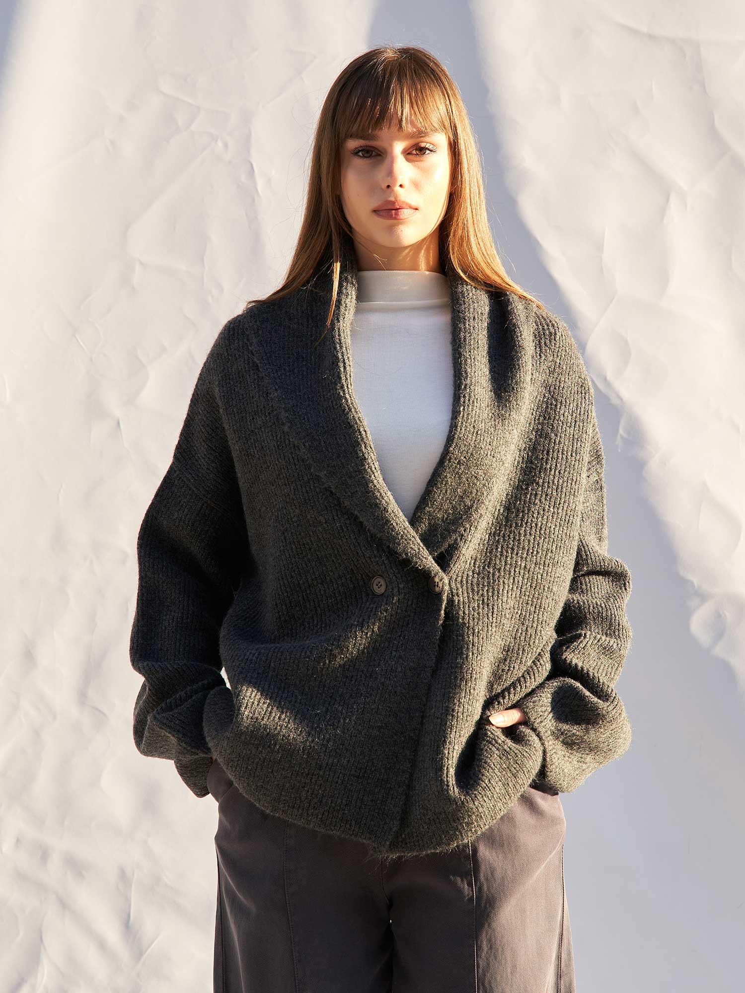 150576 Shawl-Collar Knit Cardigan with Buckle Belt - LEFON