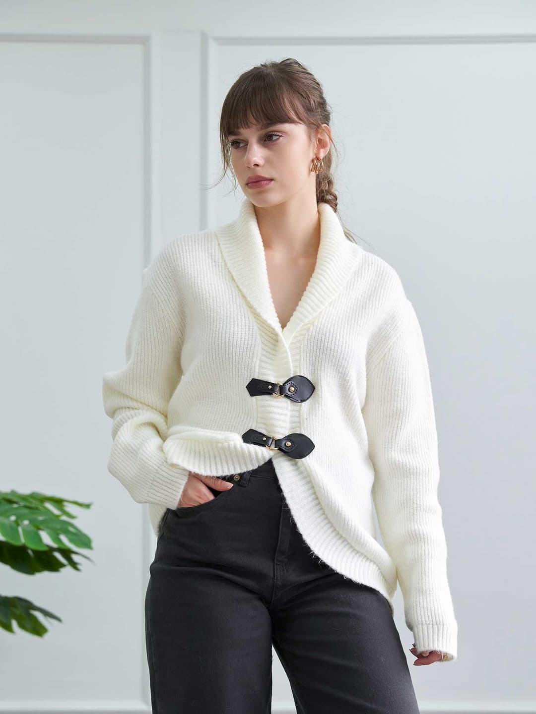 150576 Shawl-Collar Knit Cardigan with Buckle Belt - LEFON