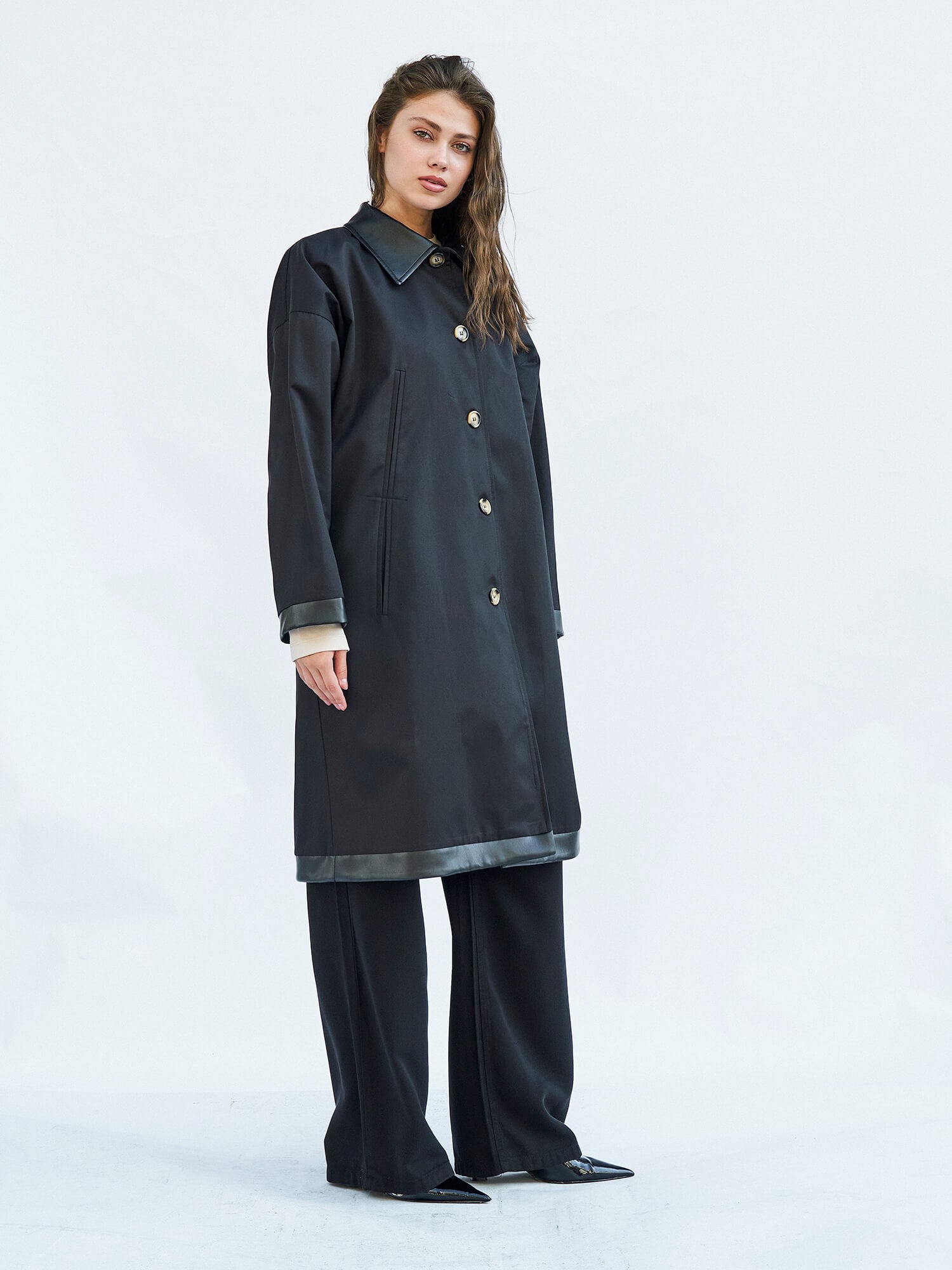 250462 Deri Yakalı Trenchcoat