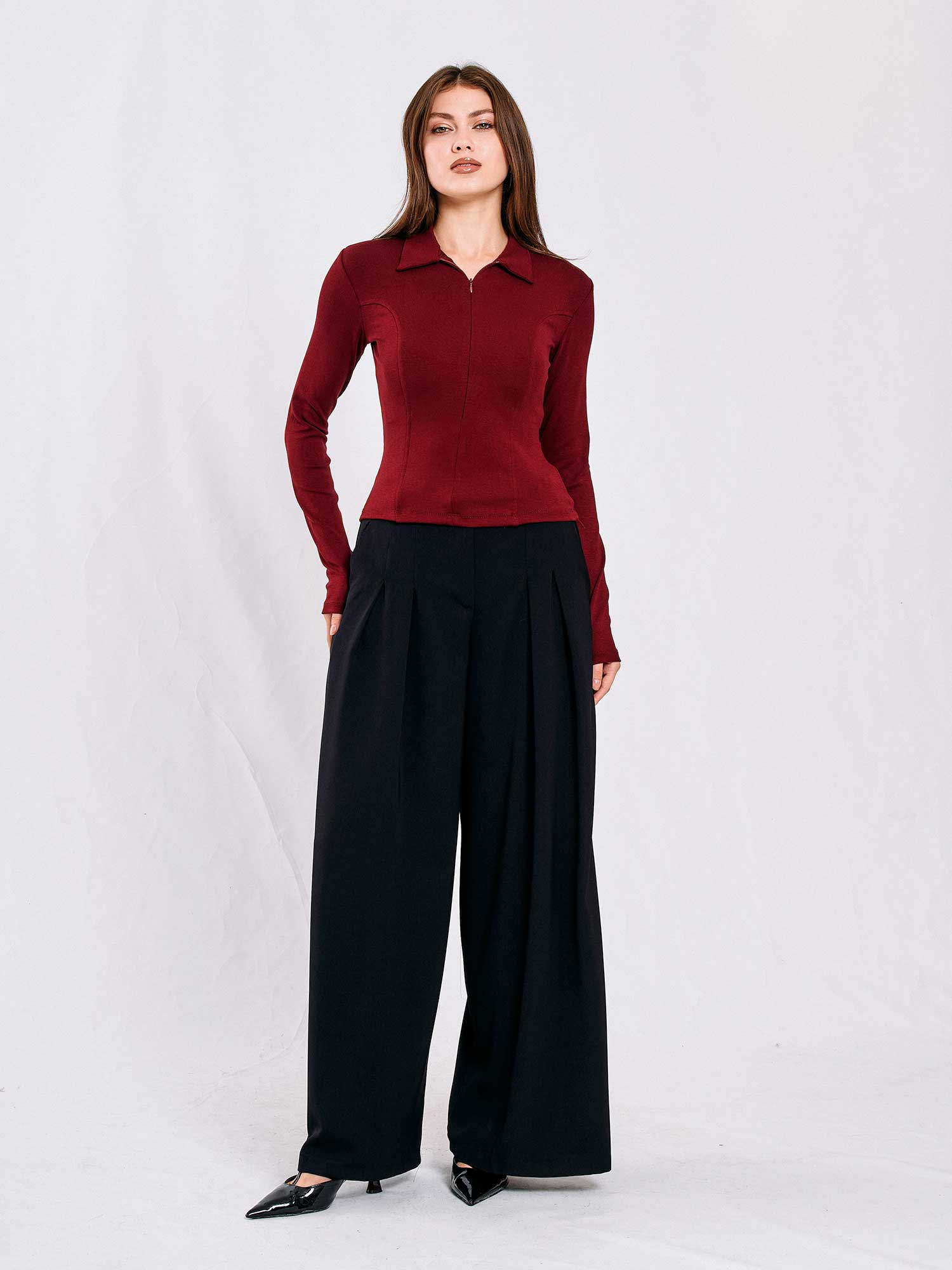 071785 Önü Fermuar Detaylı Bluz